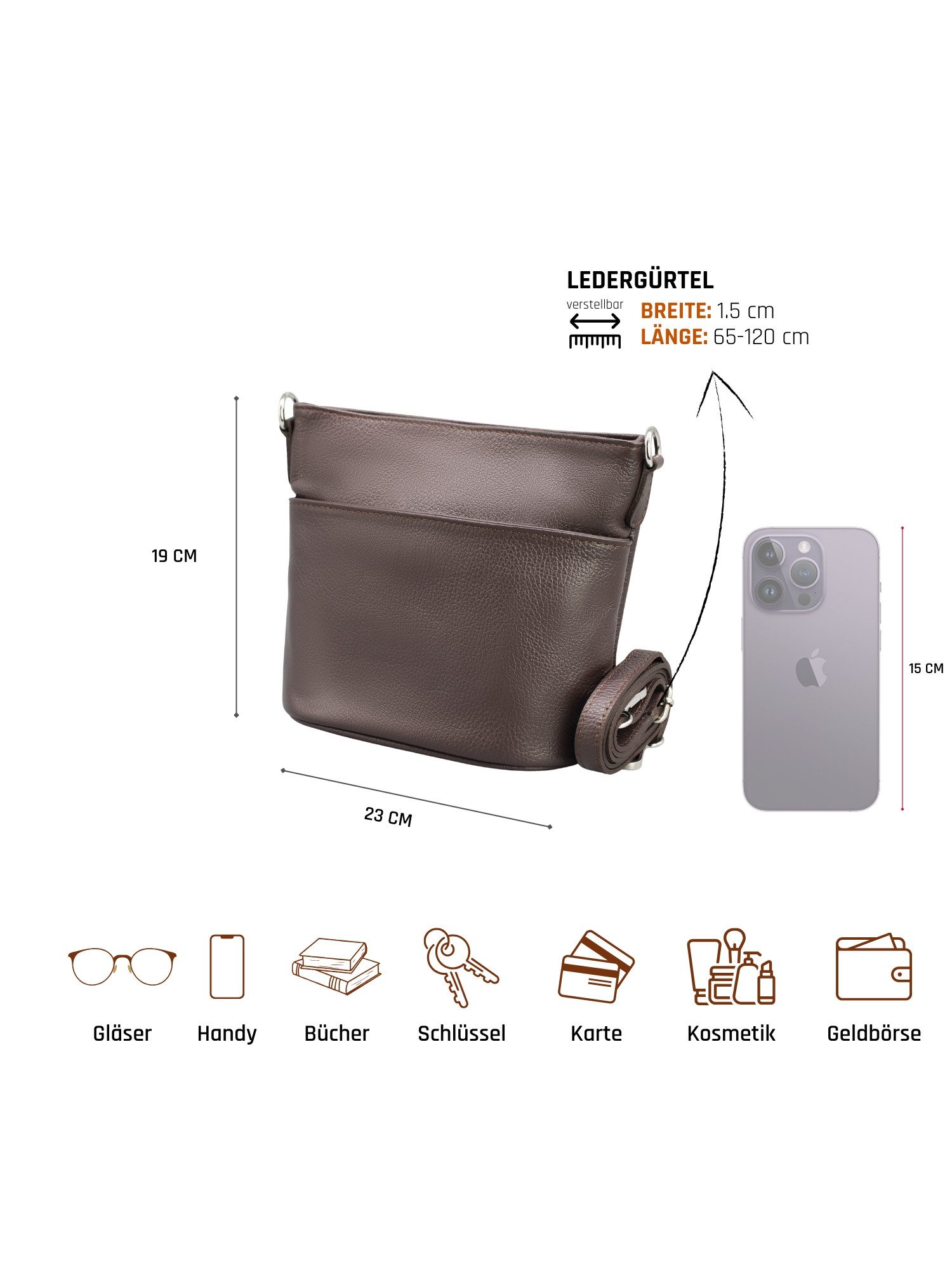 Adel Bags Schultertasche LINA Umhängetasche für Damen, Schultertasche Echtleder Gürteltasche