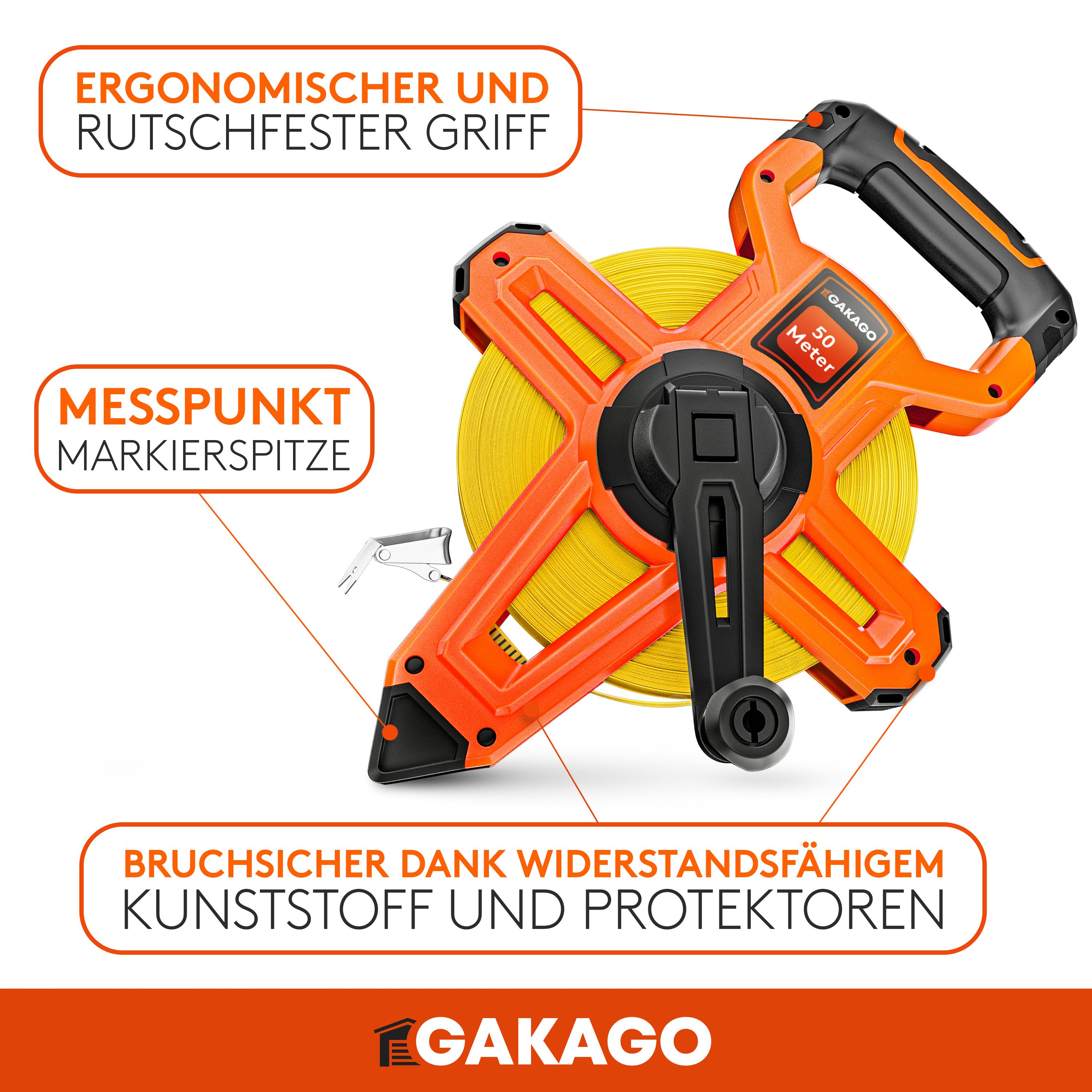 Gakago Rollbandmaß, 50m - 3-fach übersetztes Bandmaß mit ergonomischem Haltegriff