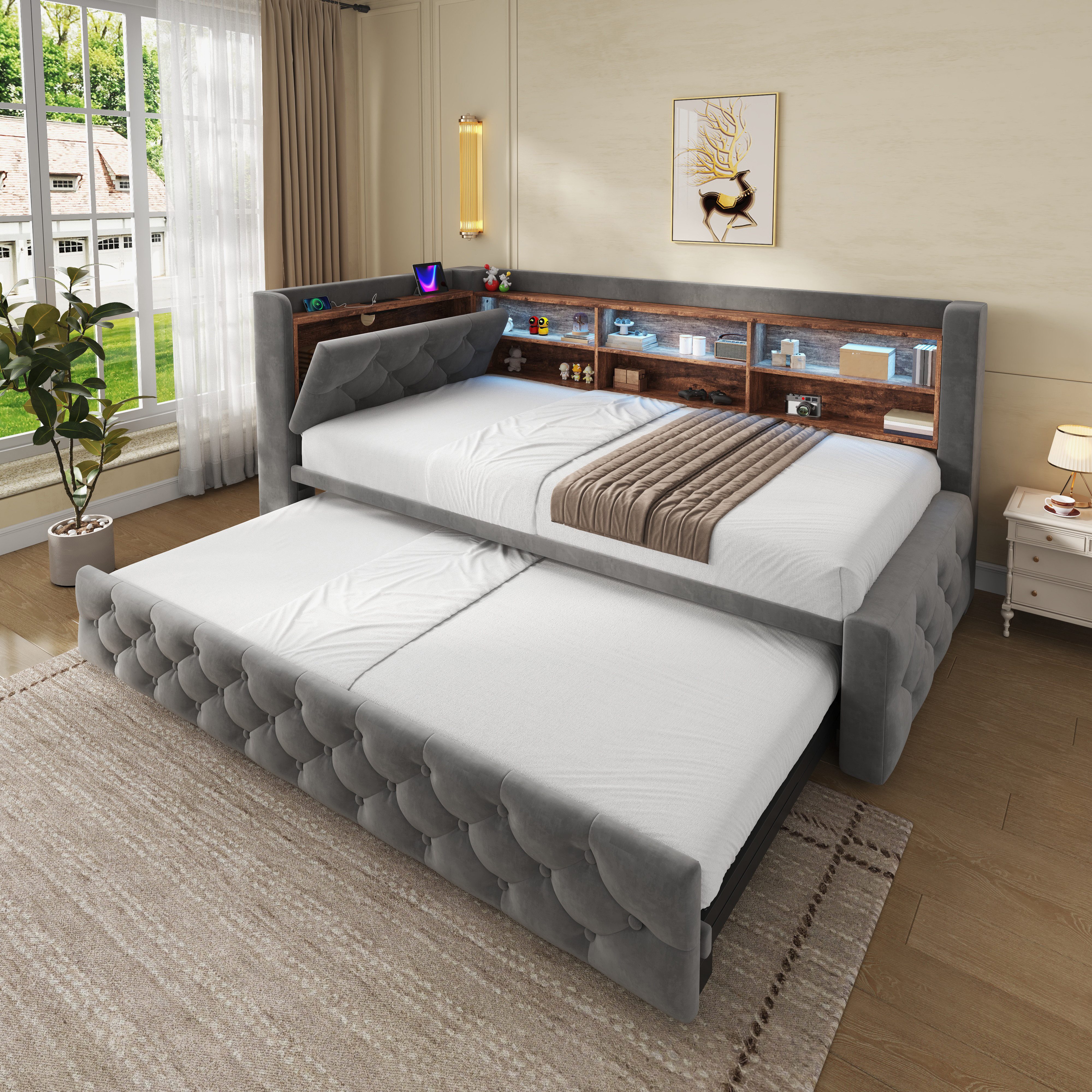 Celya Polsterbett 90x190 cm Schlafsofa Bettgestell ausziehbar, mit Stauraum (ohne Matratze, mit Ablagefläche, LED Licht, USB und Type-C)