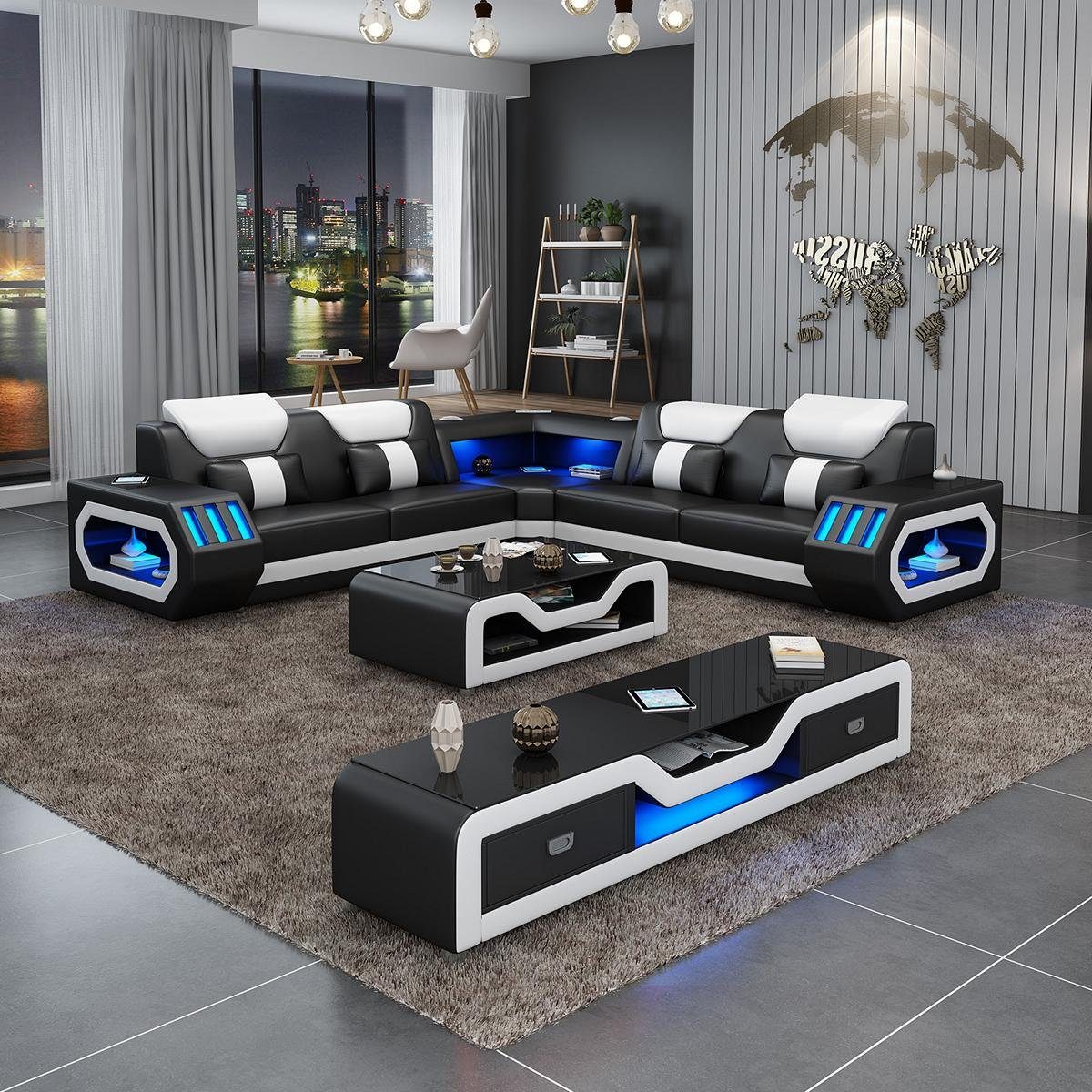 Couch Leder Couchtisch Sofa Form Polster Modern Schwarz/Weiß Wohnzimmer-Set, Ecksofa JVmoebel Design L Blau