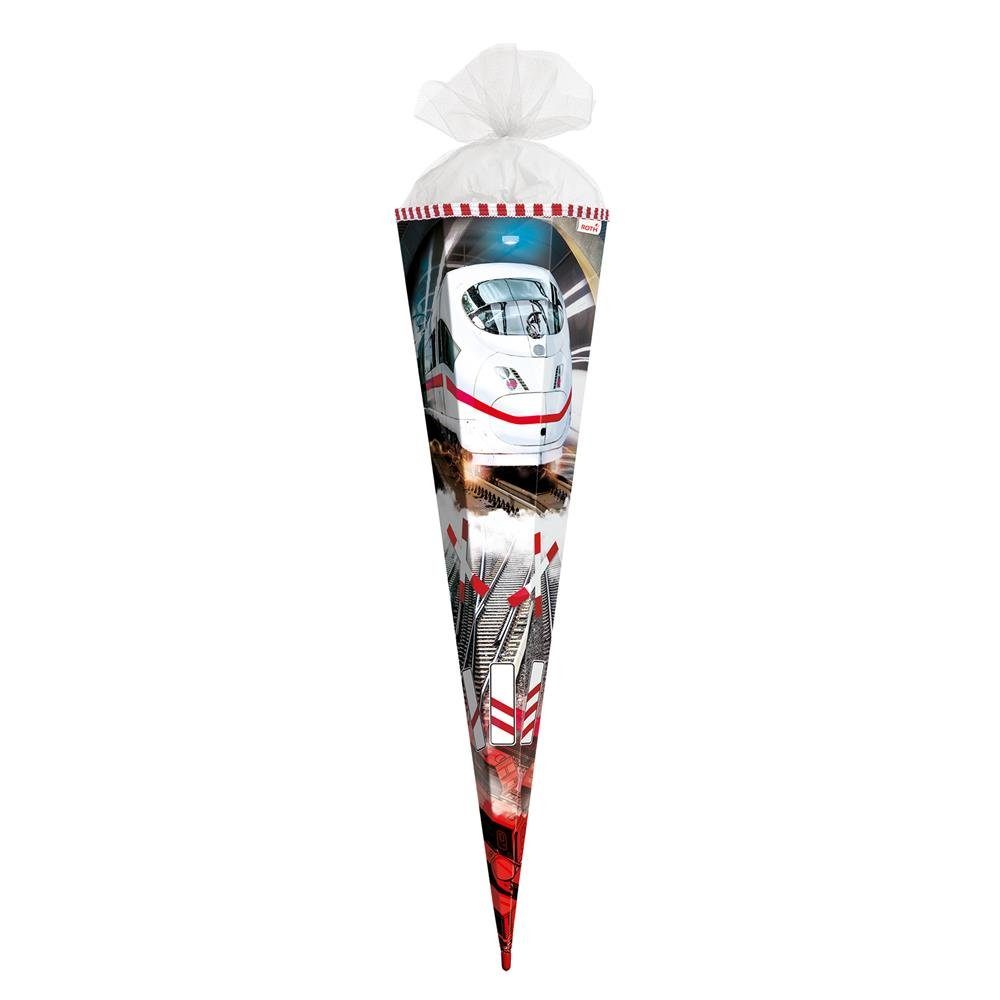 Roth Schultüte Schnellzug, 85 cm, eckig, mit weißem Tüllverschluss, Zuckertüte für Schulanfang