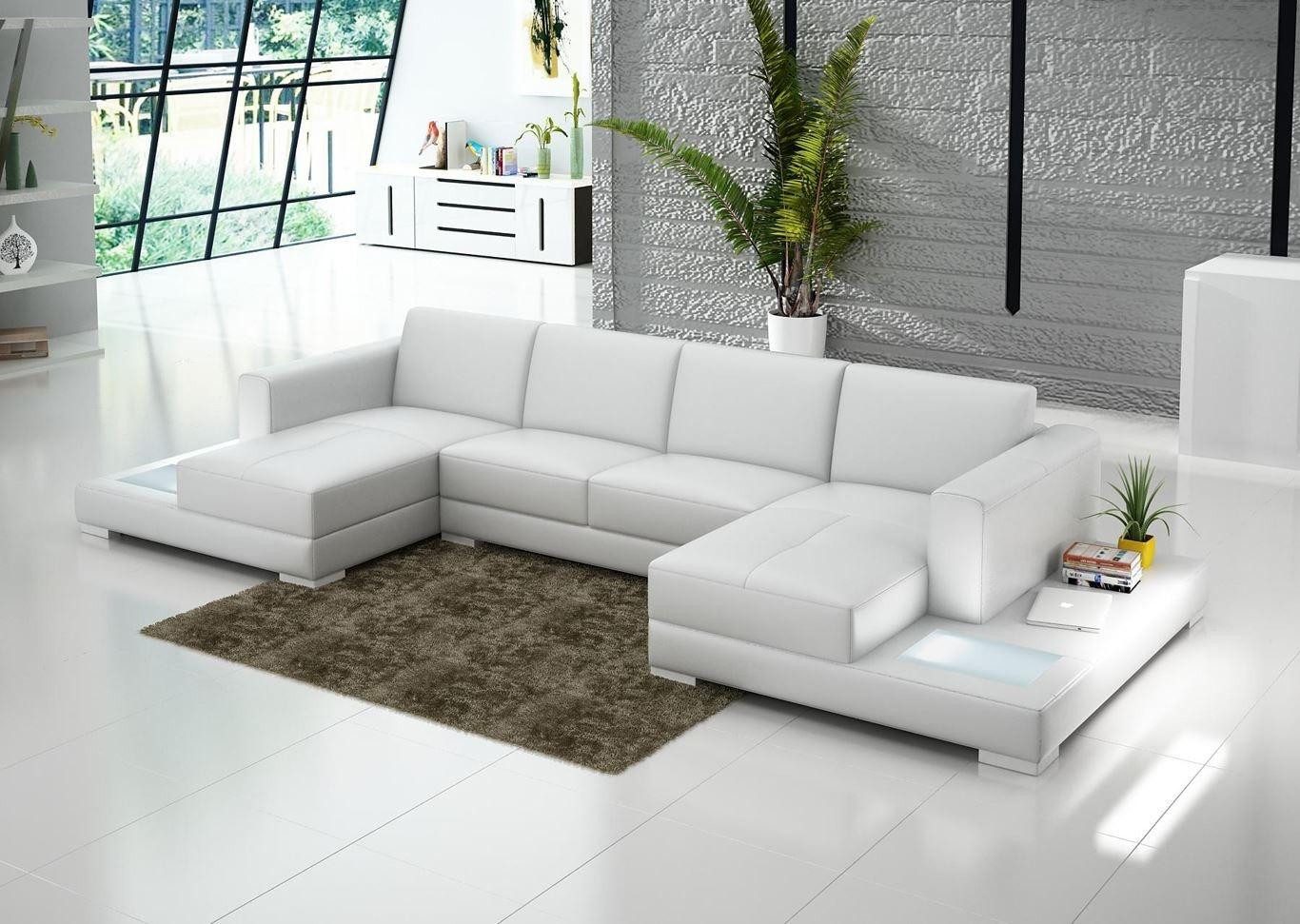 Wohnlandschaft Weißes U-förmiges Ecksofa aus Kunstleder mit Beleuchtung
