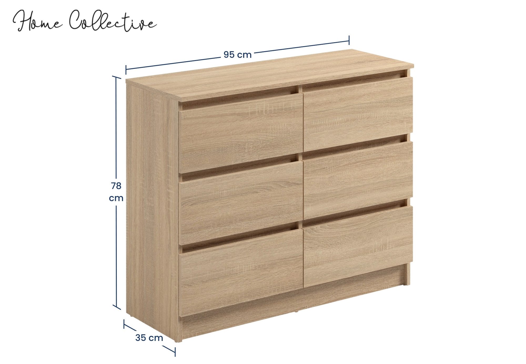 Home Collective Kommode mit 6 Schubladen 95, 120, 140 cm breit Holz Schrank (Highboard Anrichte Schlafzimmer Wohnzimmer Flur Büro Organizer), Kommode 95 cm breit Kommode Sideboard, Sonoma