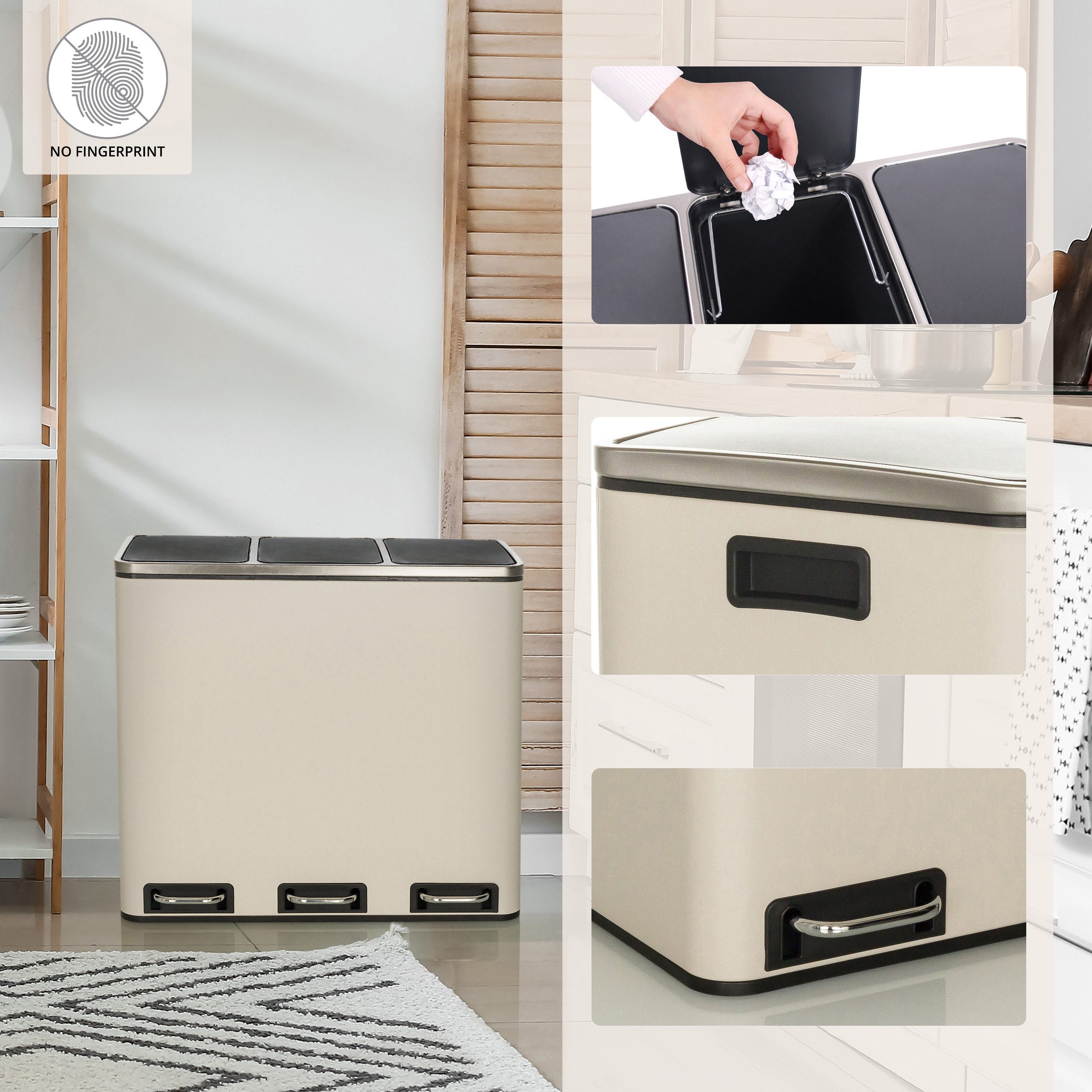 hjh OFFICE Mülleimer Clean 9 Abfalleimer, Mülltrennsystem Küche mit 3 Fächern, Abfalleimer 3 x 18L (54 Liter)
