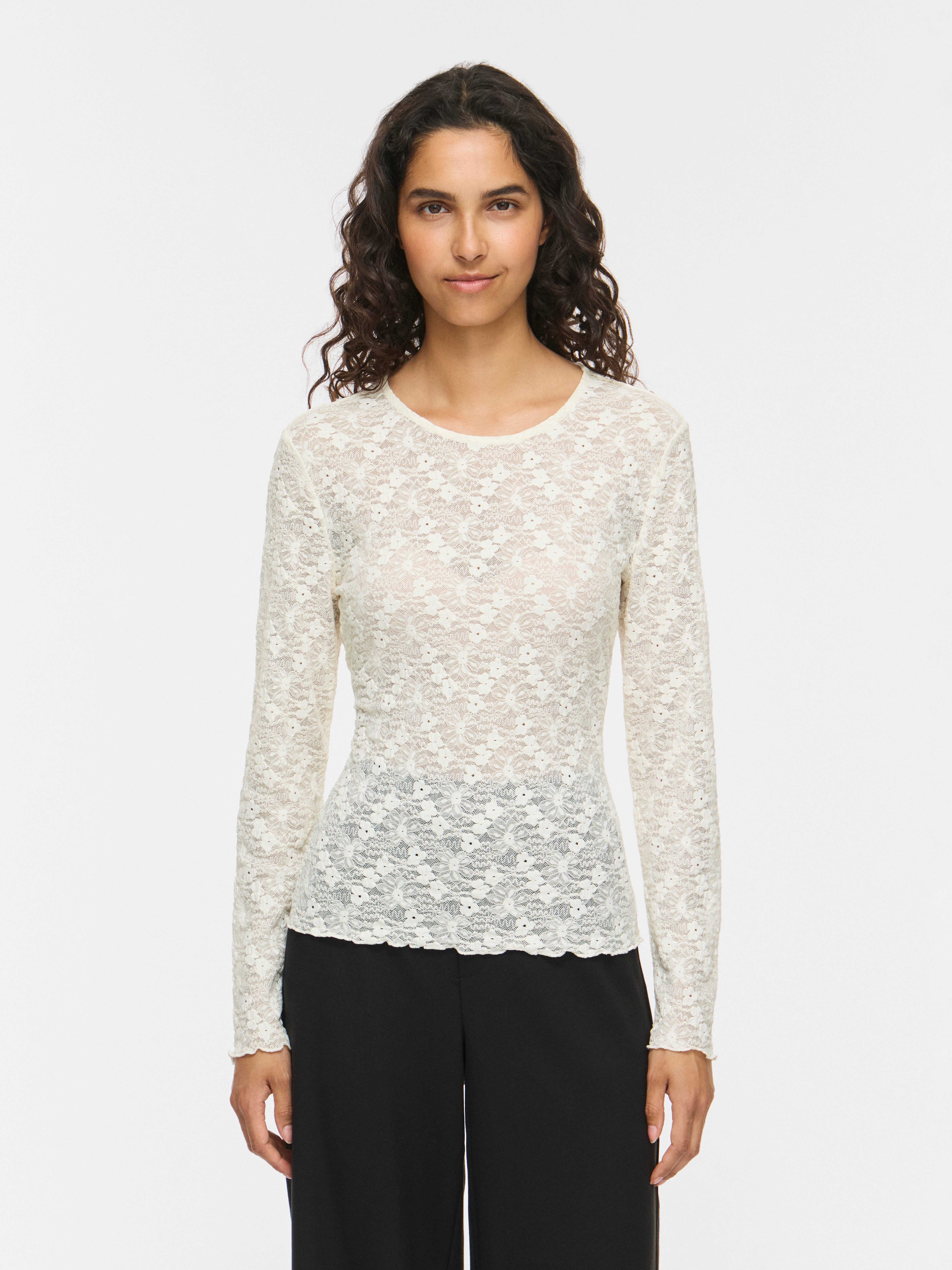 Vila Spitzenshirt VIFAY O-NECK L/S TOP - NOOS Materialmix, enger Schnitt