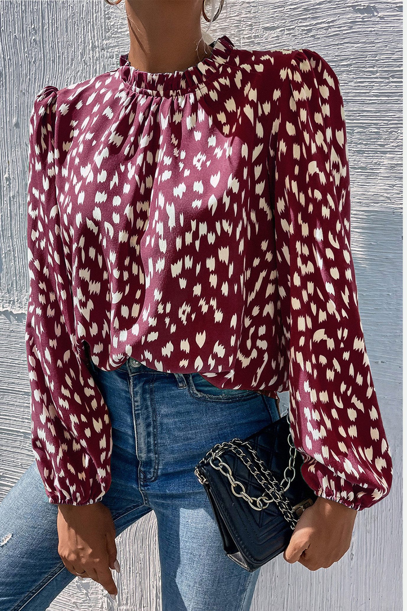 FS Collection Langarmbluse Damen Bluse hochgeschlossenes Oberteil mit Rüschendetail & Blumendruck (XS (UK 8 / EU 36) S (UK 10 / EU 38) M (UK 12 / EU 40) L (UK 14 / EU 42) XL (UK 16 / EU 44, 7 Farben) Leicht, Glatt, Formbeständig und angenehm zu tragen