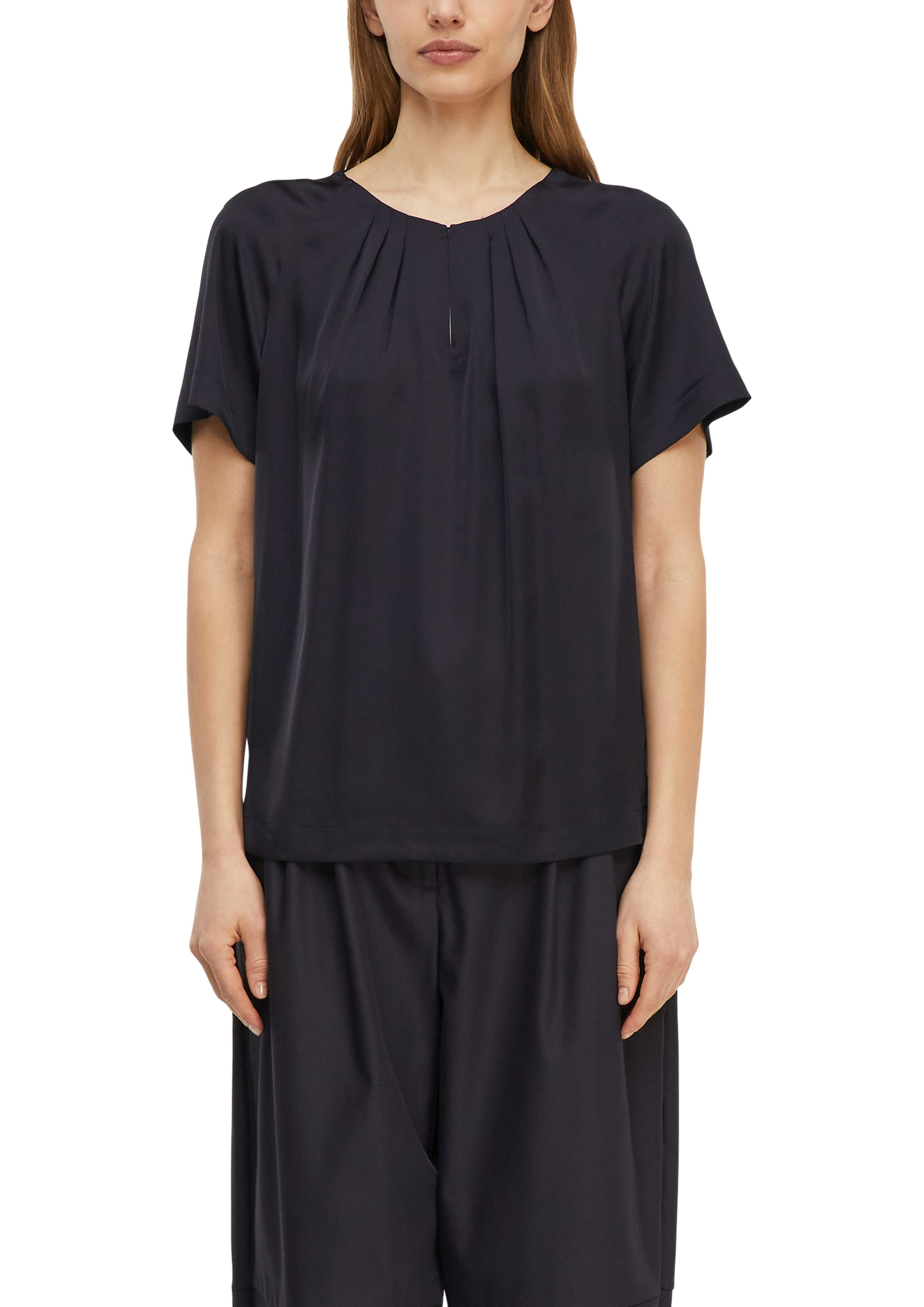 comma Kurzarmbluse Sommerbluse mit gerafftem Rundhals