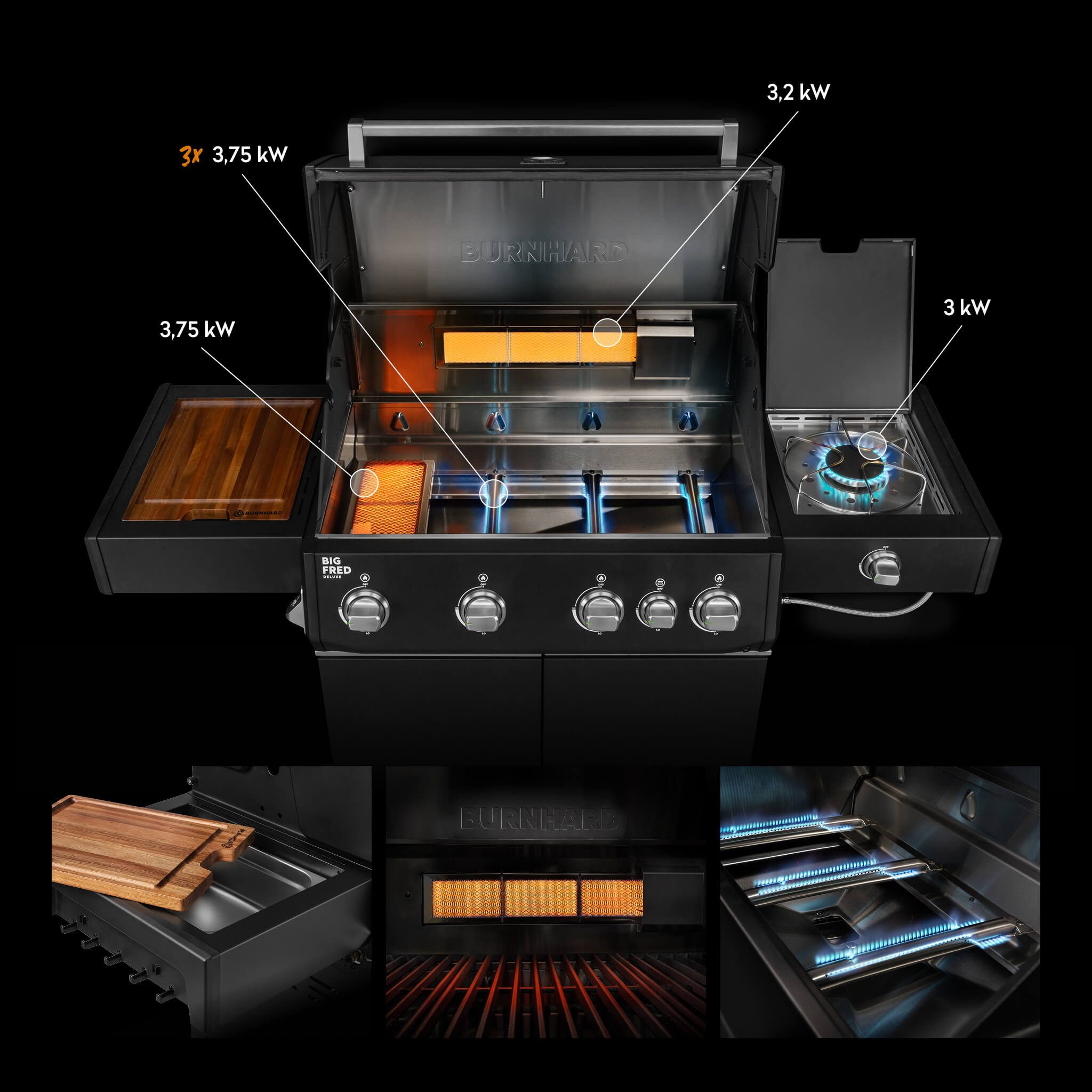 BURNHARD® Gasgrill 4-Brenner, 21,2 kW Gesamtleistung, Infrarot-Keramikbrenner, Seitenkochfeld, Edelstahl-Stabbrenner, Edelstahlrost, große Grillfläche, Piezo-Zündung – Big FRED Deluxe