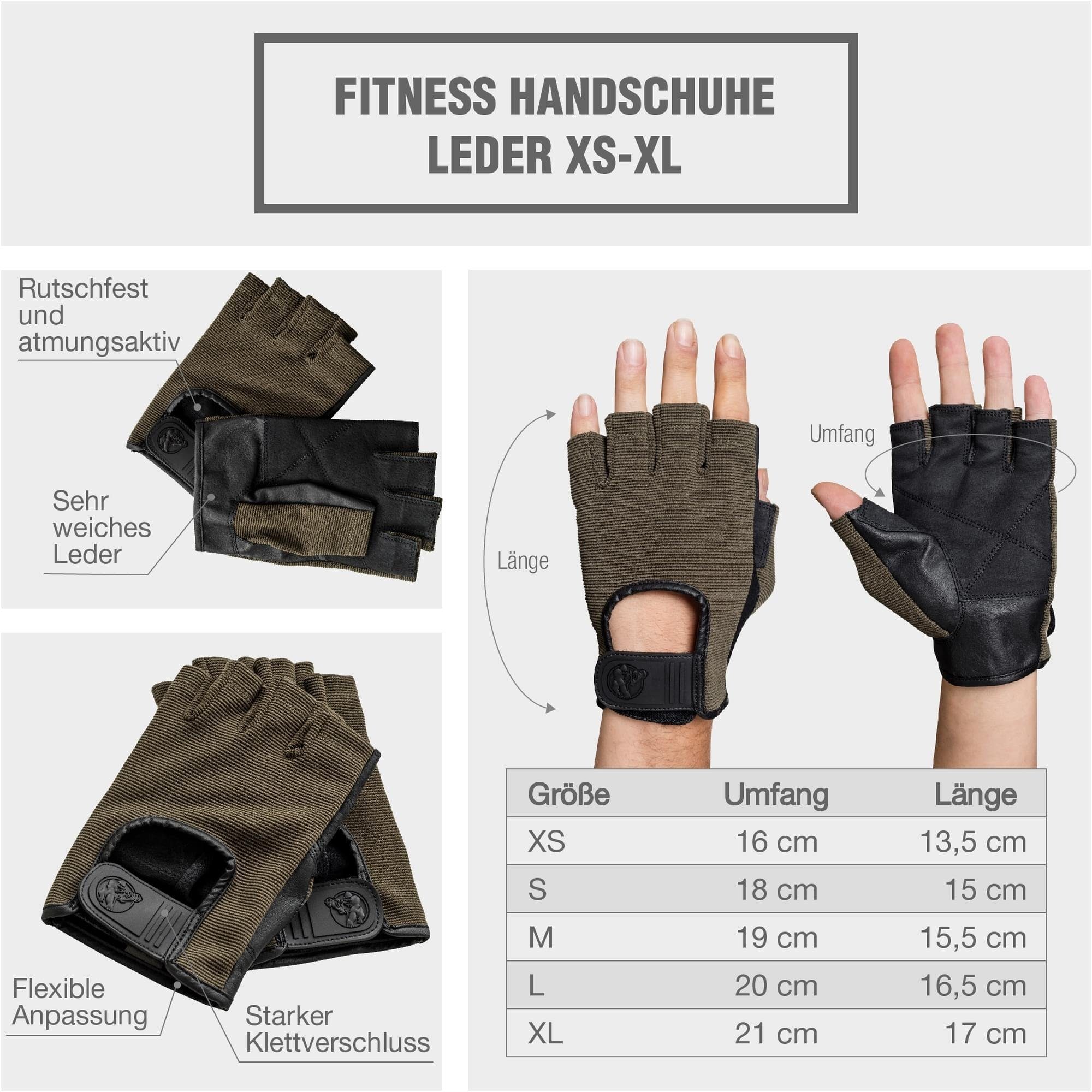 SPORTS Leder, GORILLA Fitness Trainingshandschuhe Handschuhe - Khaki Sporthandschuhe Farbwahl XS/S/M/L/XL, -