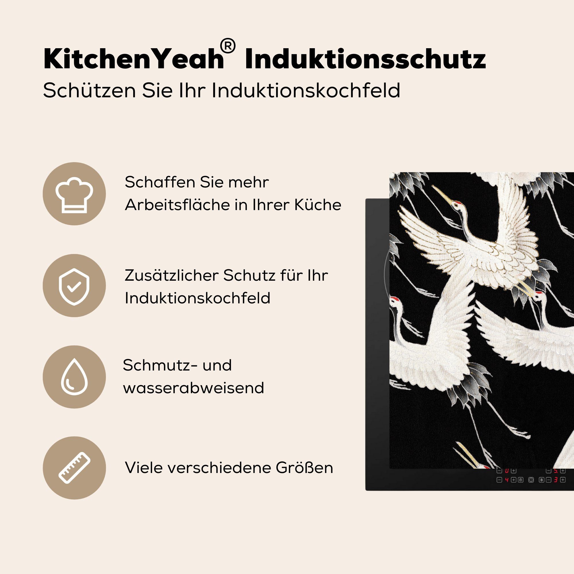 MuchoWow Herdblende-/Abdeckplatte Kranich Induktionskochfeld tlg), Rot Vinyl, 81x52 cm, küche, Weiß - für - Schutz Japandi, die Ceranfeldabdeckung - (1