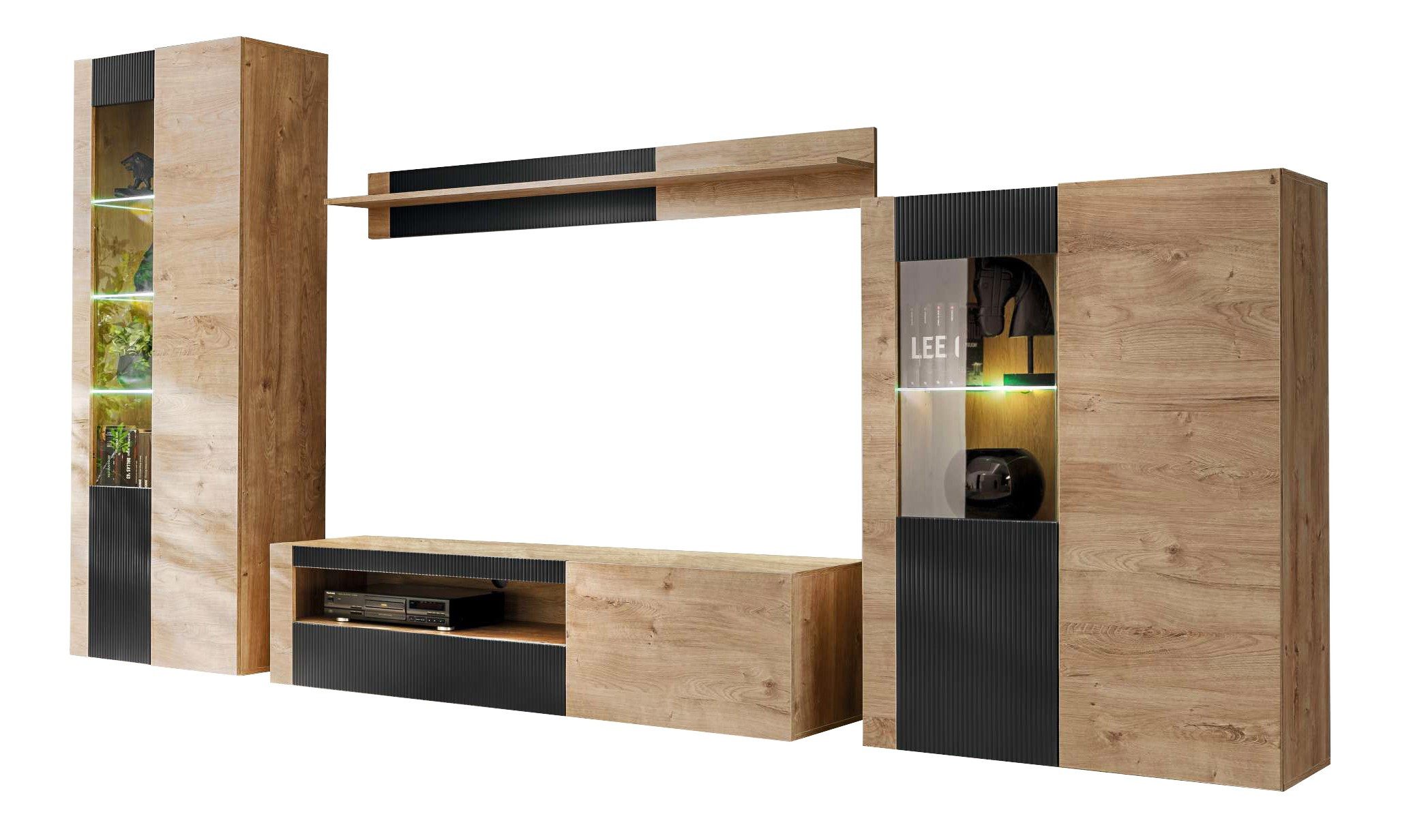 99rooms Wohnwand Ranok, (Set (4-St), Wohnmöbel, Wohnzimmer-Set), Modern Design, Grifflos - PUSH-CLICK System, mit LED-Beleuchtung