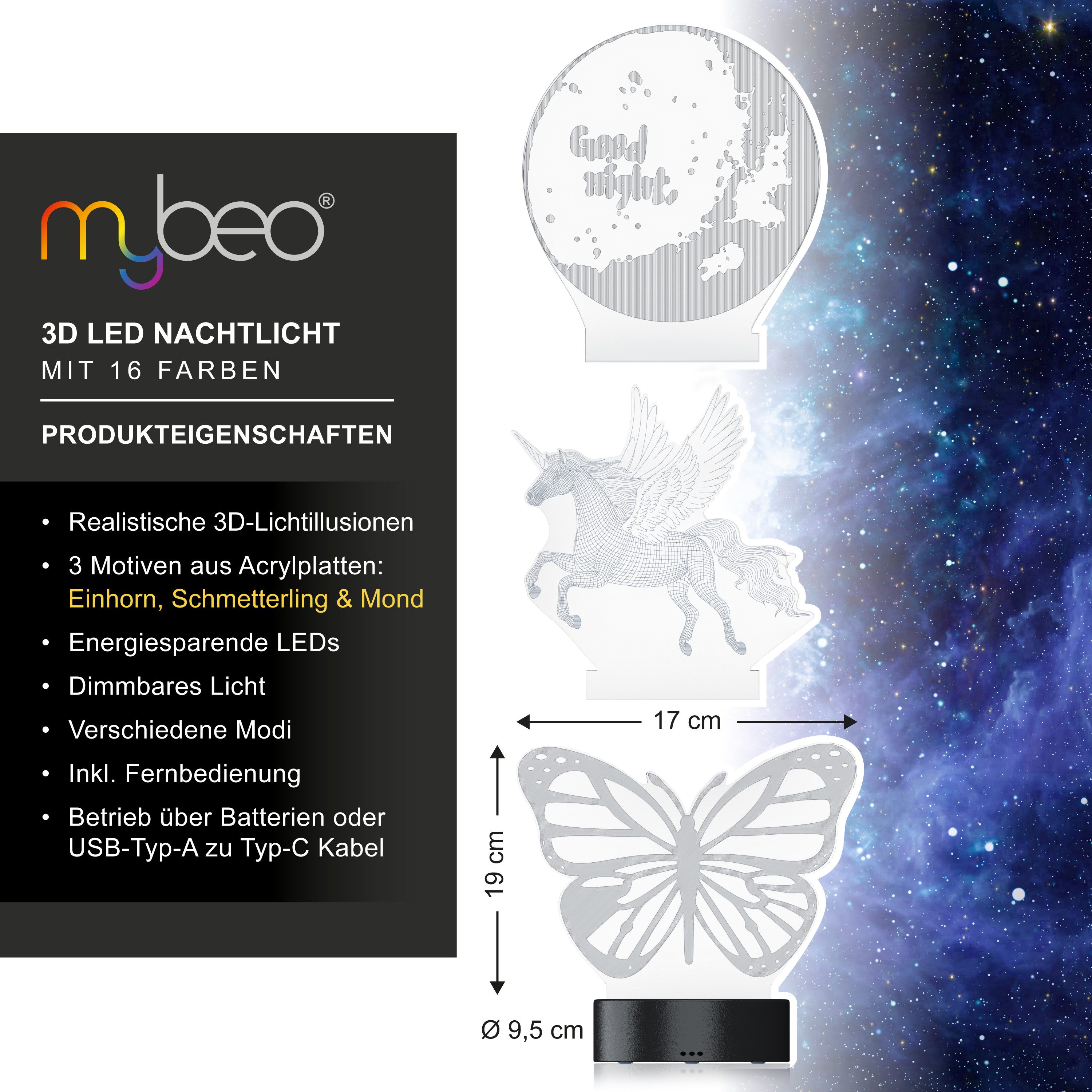 MyBeo LED Nachtlicht 3D Effekt Tischlampe für Kinder, Jungs & Mädchen, Nachtleuchte dimmbar, Dimmfunktion; Farbwechsel; mehrere Helligkeitsstufen; Nachtlichtfunktion, LED fest integriert, Farbwechsler, 3 Motive Einhorn, Schmetterling & Mond, Farbwechsel, Fernbedienung