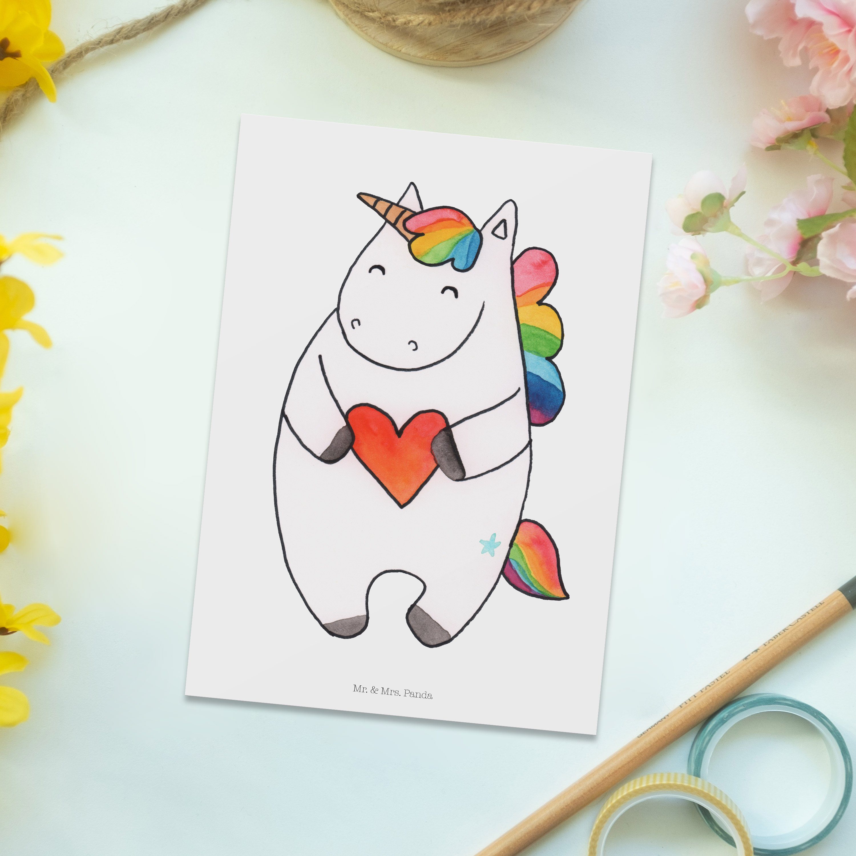 Einhorn & Geburtstagskarte, Weiß - Geschenk, Panda Unicorn Postkarte - Mr. Mrs. Herz Einhörner,