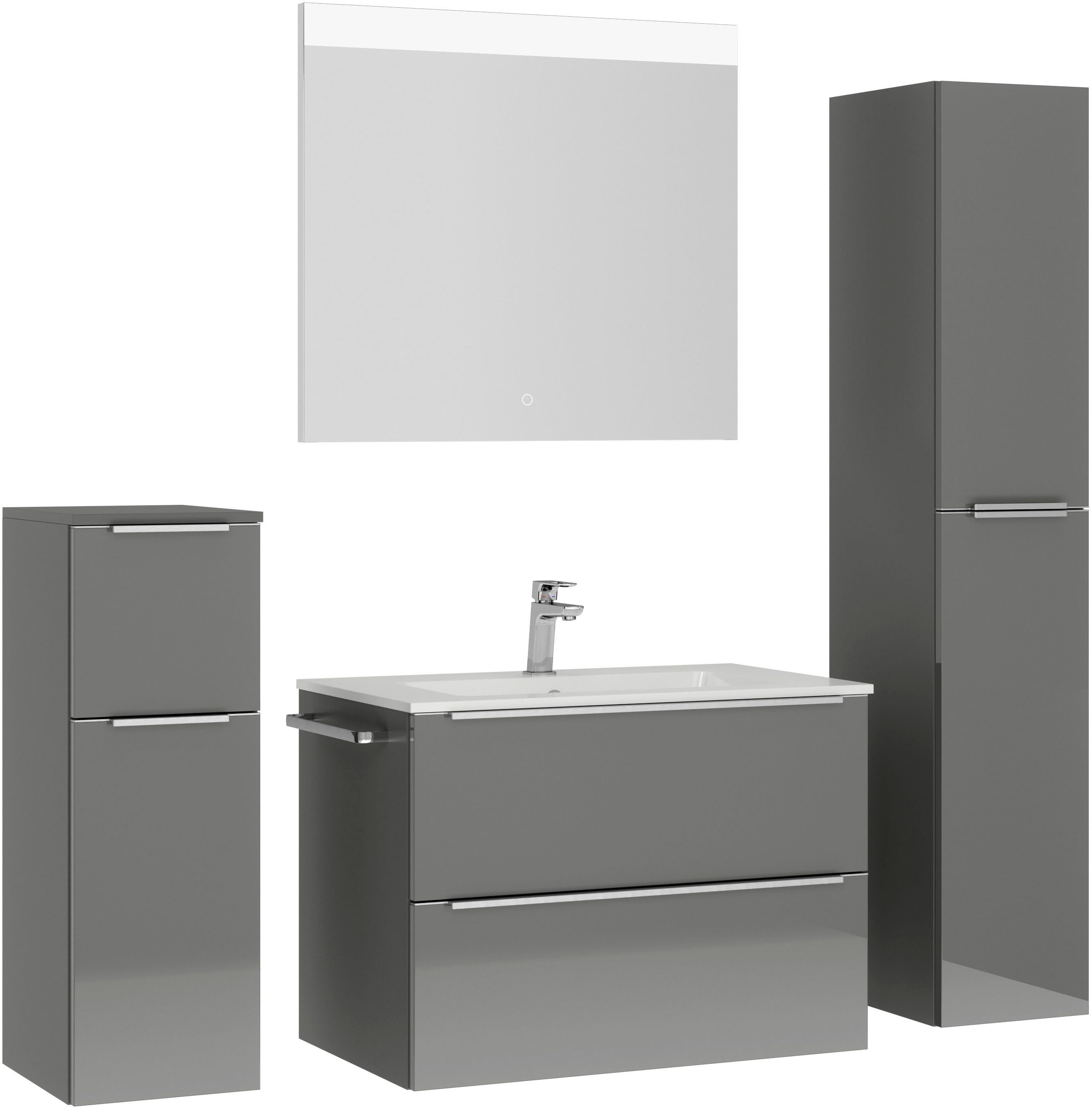 nobilia® Badmöbel-Set Levere, (4-St., vormontiert, mit Soft-Close), Hochglanz, inkl. Spiegel mit Touch-Sensor, in vier Breiten