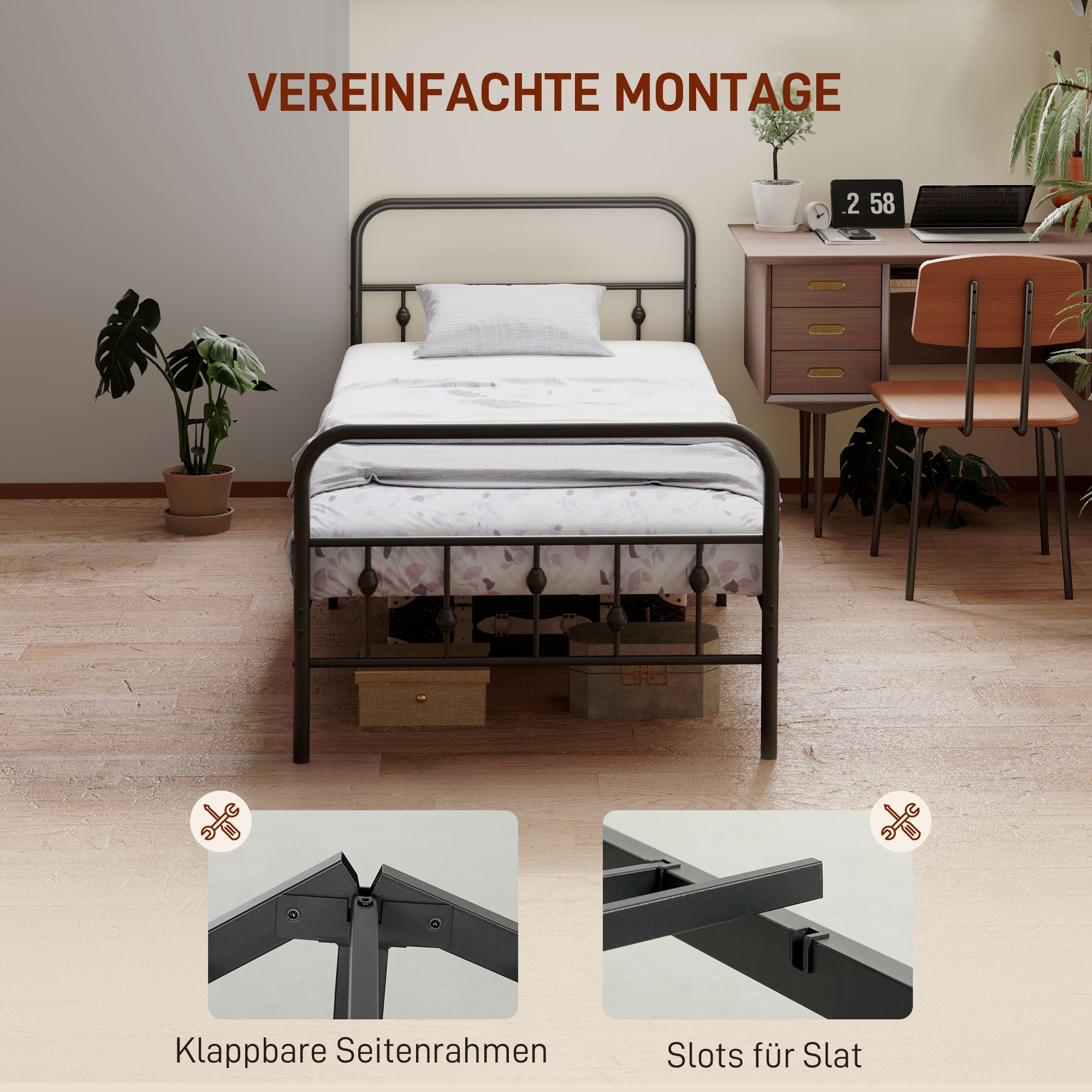 HOMCOM Bettgestell Klappbar Metallbett Gästebett mit Lattenrost (Metallrahmenbett, 1-tlg., Bettrahmen), für Schlafzimmer Gästezimmer, Schwarz – Bild 4 von 5