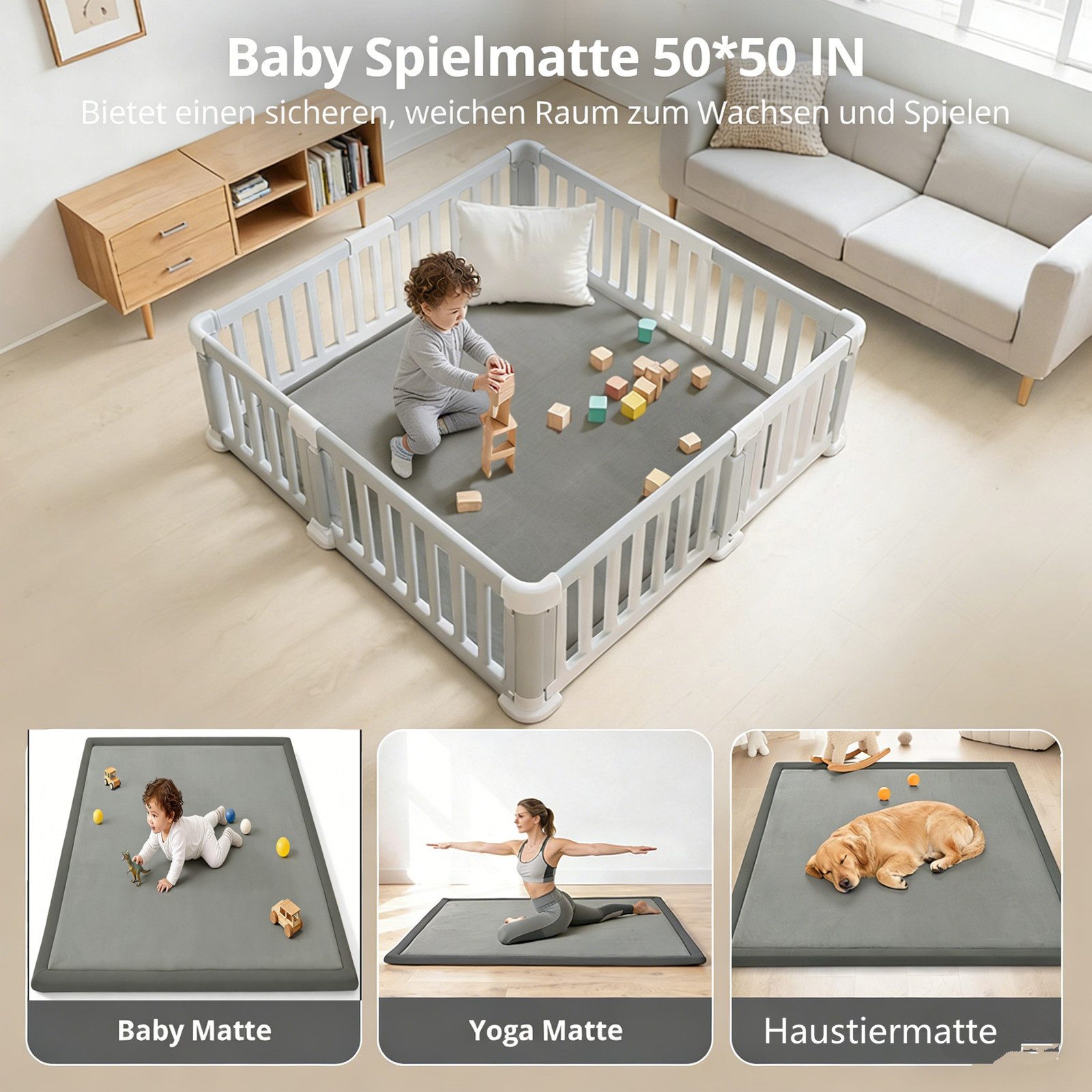 Insma Spielmatte Ultraweiche Baby Krabbelmatte Laufstallmatte 127x127cm, 3cm dicke Memory-Schaumstoffmatte Rutschfest für Krabbeln & Bauchlage