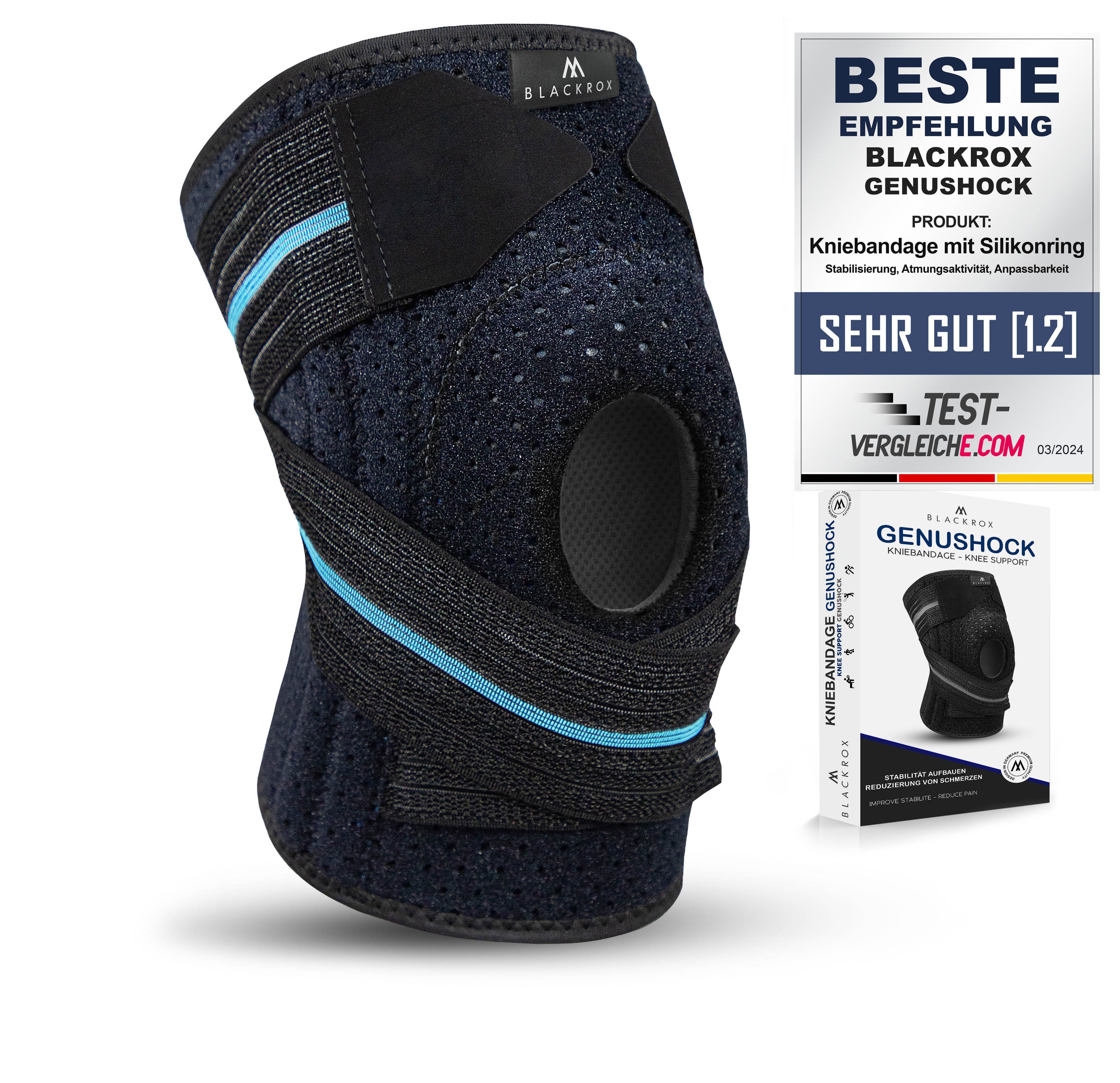 BLACKROX Kniebandage mit Silikonring [Vergleichssieger 2026] GENUSHOCK, Damen & Herren