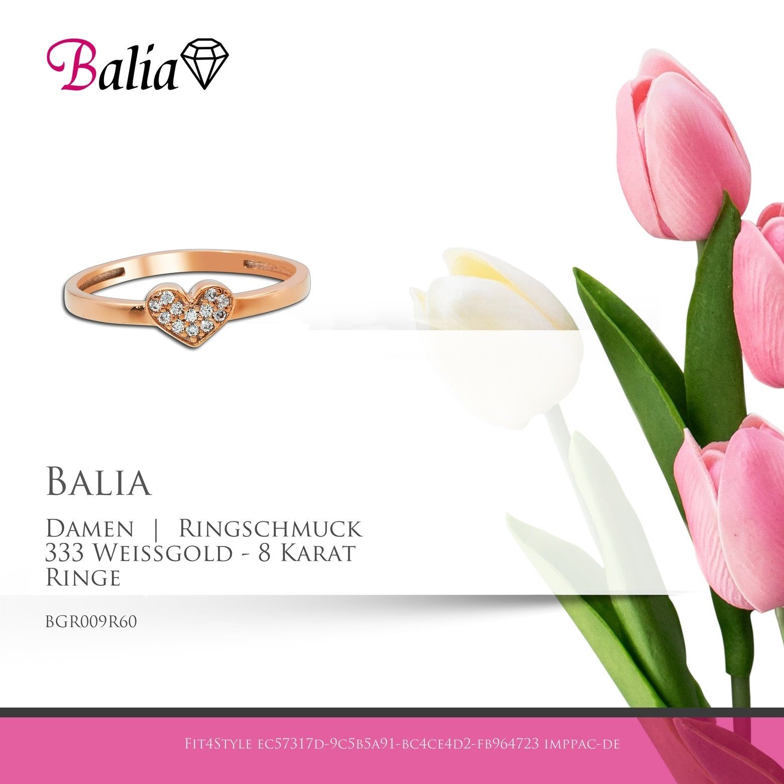 Ring Damen Gr.60 Herz, Balia Balia Farbe: (19,1), Damen (Fingerring), aus Gold 8Kt Ring Goldring rose 60 für 333, weiß, Rosegold