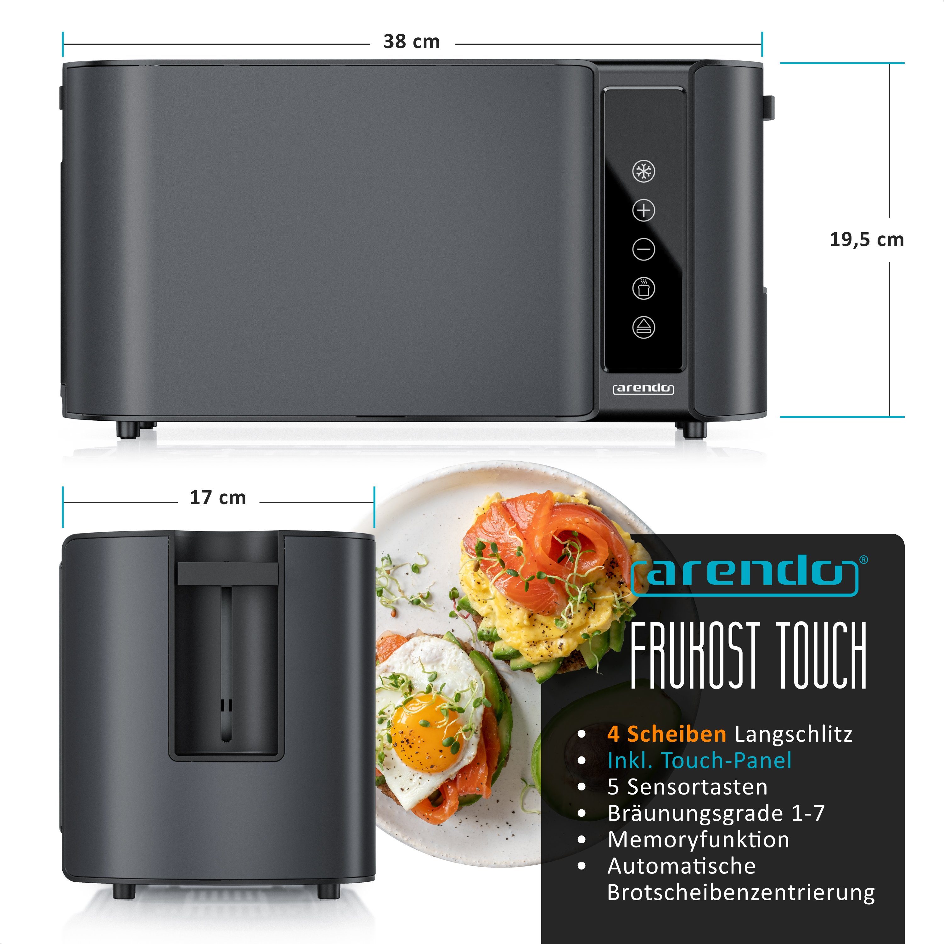 Arendo Toaster 4-Scheiben, Wärmeisoliertes Doppelwandgehäuse, Display Restzeitanzeige, 2 lange Schlitze, für 4 Scheiben, 1500 W, Langschlitz, Brötchenaufsatz, Brotscheibenzentrierung, Touchpanel