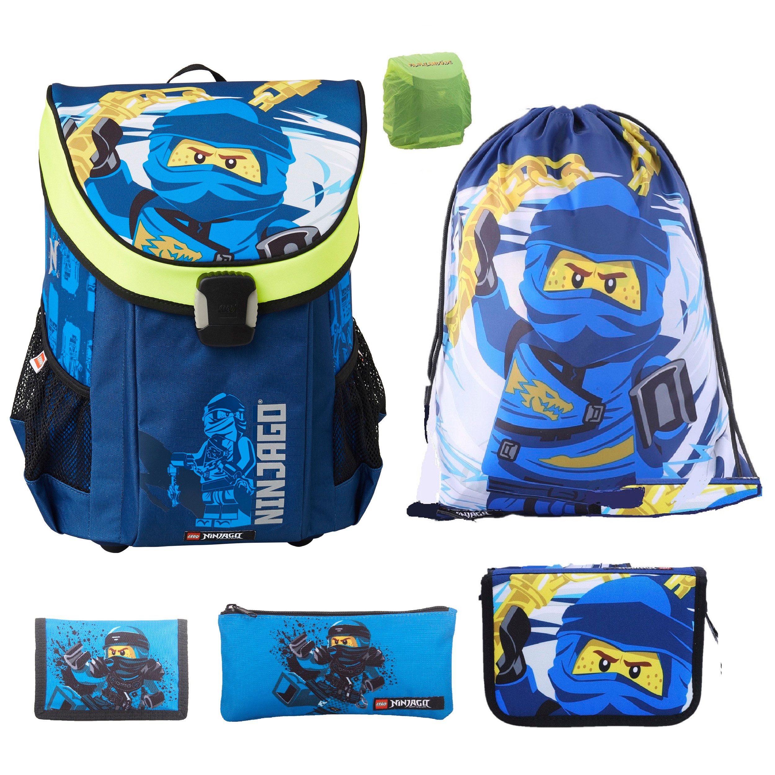 LEGO® Bags Ранцы Lego Ninjago Einschulungs-Set "Easy" mit gefüllter Federmappe (Set, 6-tlg., Grundset mit Federmappe, Schlamper Turn- und Geldbeutel), ab der 1. Klasse, Ultra-Leicht, 16L Volumen, wasserabweisend