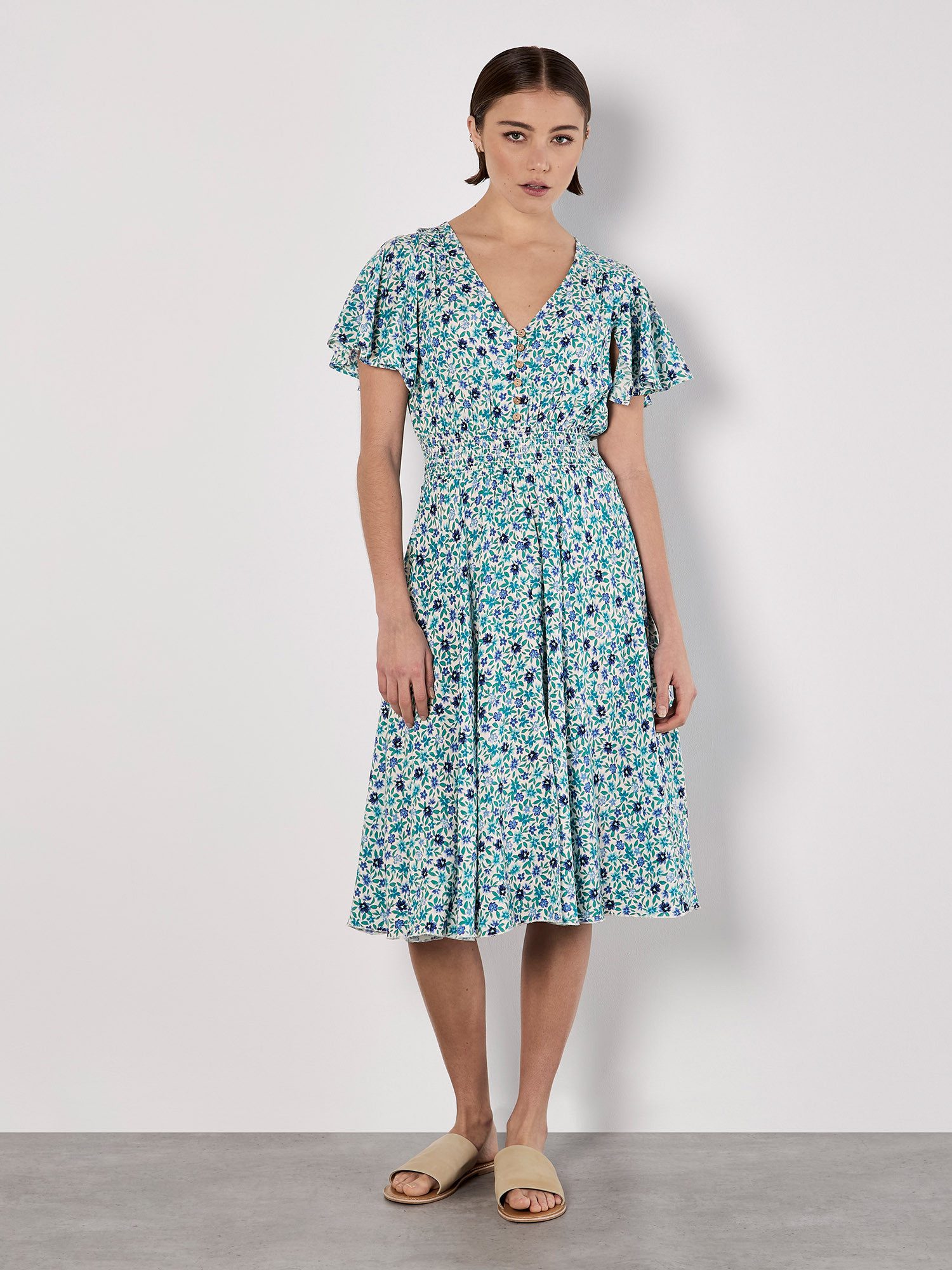 Apricot Midikleid Blumenkleid mit Flügelarmen günstig online kaufen