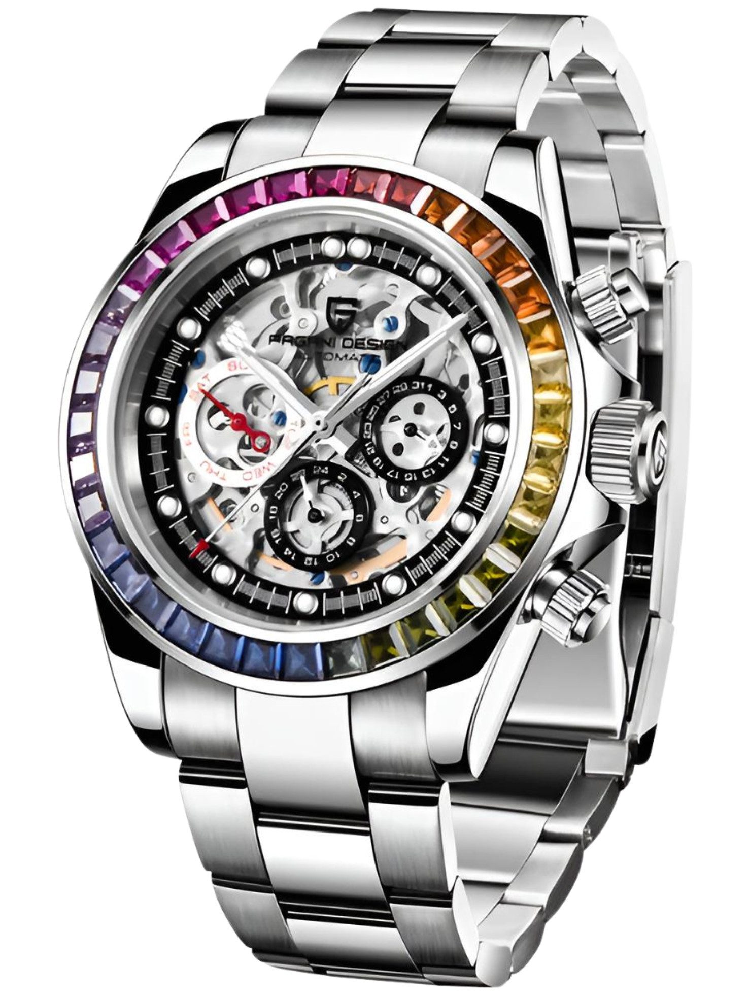 Pagani Design Automatikuhr Automatikuhr Herren Uhr Edelstahl Armbanduhr Herrenuhr Regenbogen, (inkl. Geschenkbox, mit Armbandkürzer), 100M Wasserdicht), 40 mm Männer Uhr Saphirglas Mechanisch Iced Out Regenboden Steine