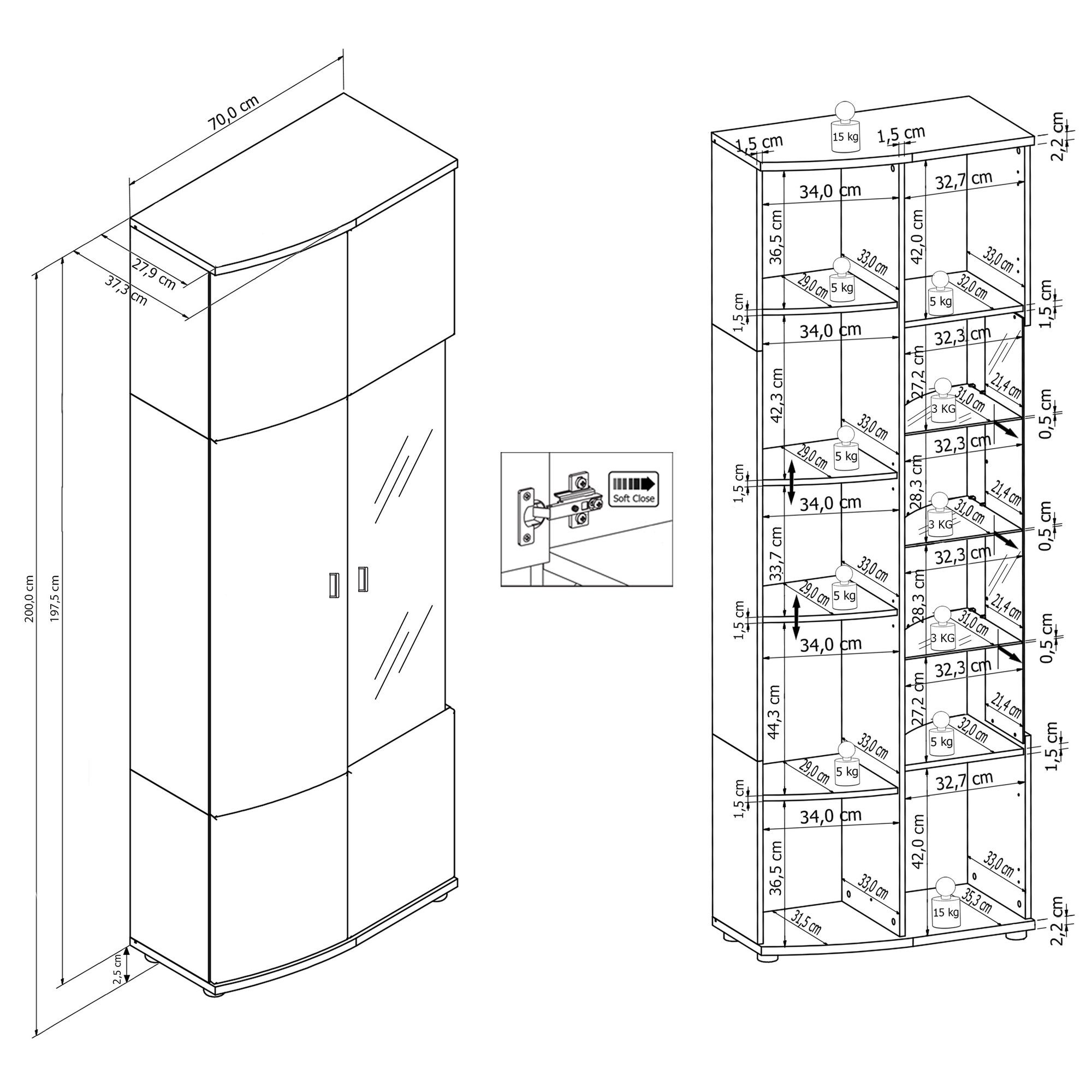 58 aufm Kessel Vitrine Hochvitrine Jandy 70x200x37 Vitrine Weiß/Anthrazit/Weiß HG/Anthrazit (1-St) | Vitrinenschränke