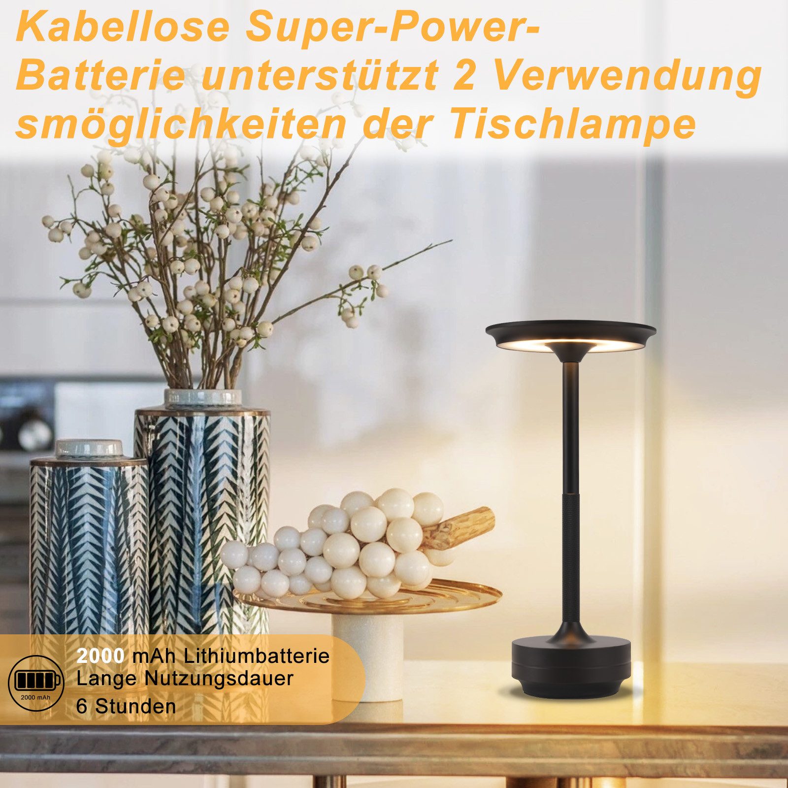 ZMH LED Tischleuchte kabellose Akku-Nachttischlampe, Dimmbar, Touch-Steuerung, 3 Lichtfarben, USB-C-aufladbar, LED fest integriert, Warmweiß, Neutralweiß, Kaltw – Bild 5 von 5
