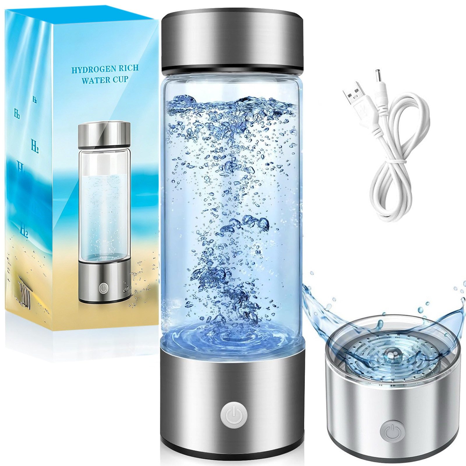 AKKEE Trinkflasche Wasserstoff Wasserflasche mit SPE- und PEM-Technologie, Borosilikatglas, 420ml