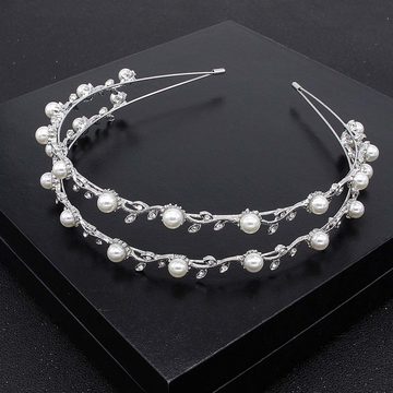 FIDDY Diadem Braut Kopfschmuck Haarreifen,Künstliches Perlen-Braut-Tiara, (1-tlg), zweireihiges Diamant-Perlen-Stirnband,Durchmesser-13 cm,Silber