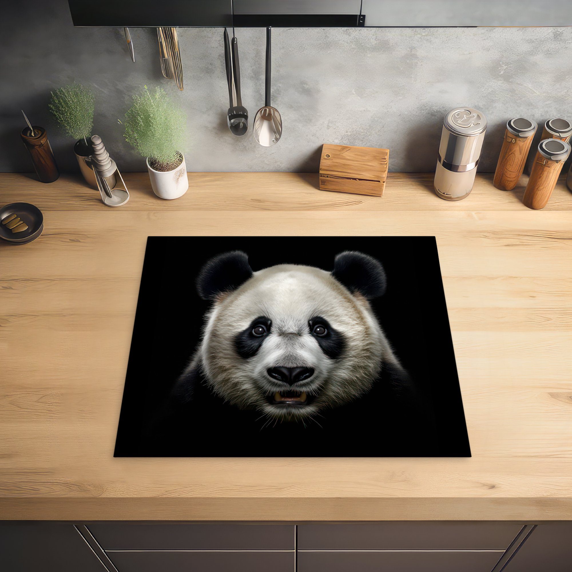 MuchoWow Herdblende-/Abdeckplatte Porträt Pandabär, Mobile nutzbar, Vinyl, Tiere Ceranfeldabdeckung - cm, Schwarz - tlg), - Arbeitsfläche 60x52 - Panda (1