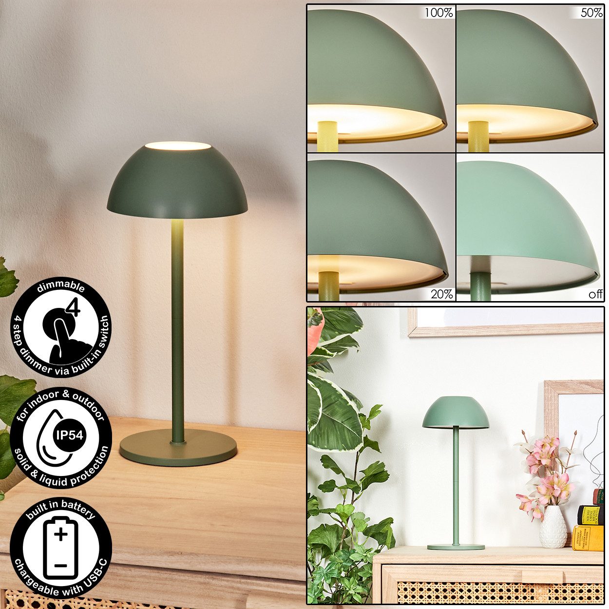 hofstein Tischleuchte Tischlampe aus Metall/Kunststoff in Grün/Weiß, dimmbare Tischleuchte mit Akku, Touchdimmer, Memoryfunktion, IP54