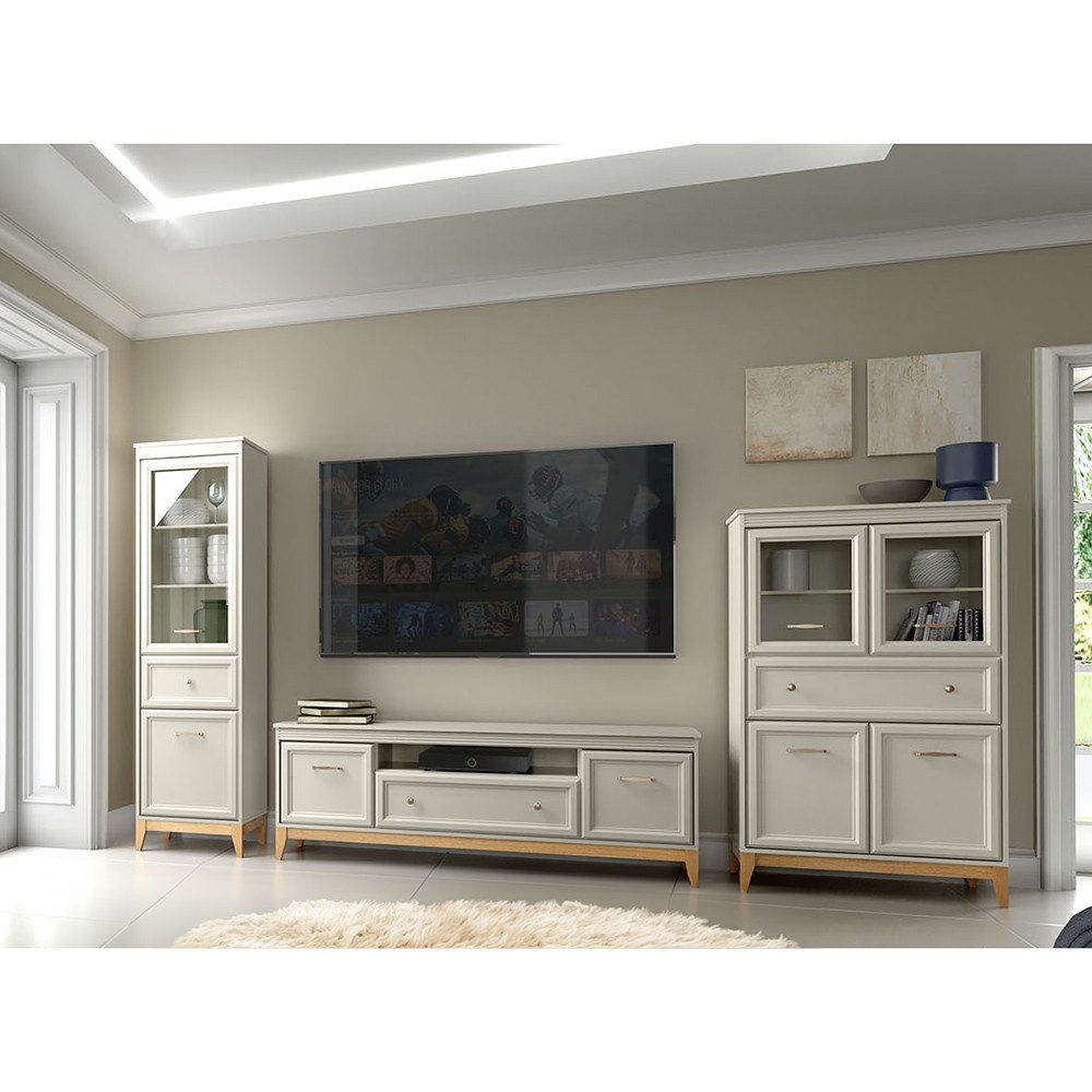 Lomadox Wohnzimmer-Set WILNA-161, (Mega-Spar-Set, 3-St., Vitrine Lowboard), in Kaschmir, Massivholz Füße, Rahmenfront mit Profilfräsung, Softclose
