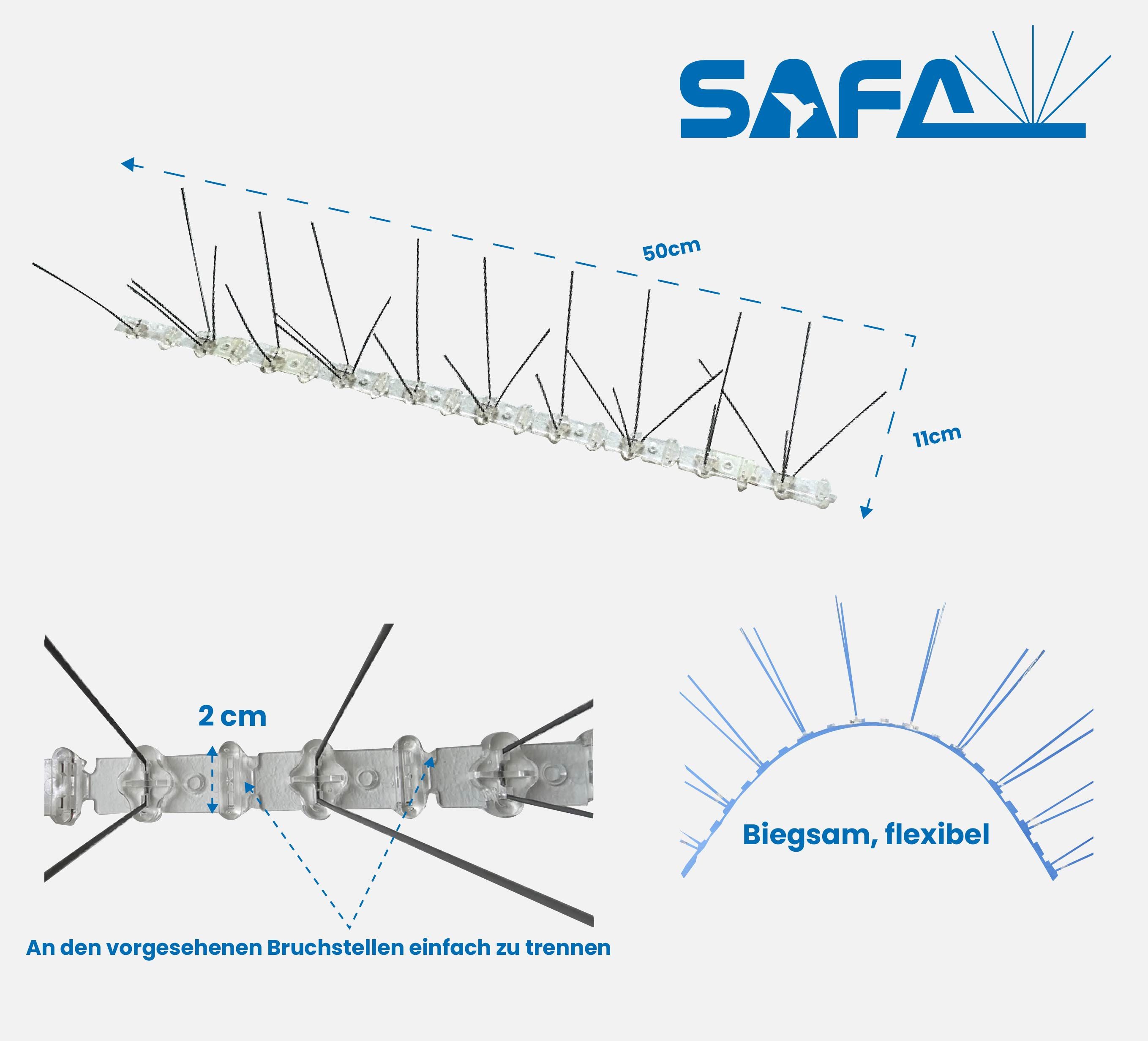 SAFA Taubenspikes Taubenabwehr 10 st./5 m aus Edelstahl u. Polycarbonat 1/2/3/4/5-reihig, Montage auf Beton, Stein, Metall, Holz, Glas.