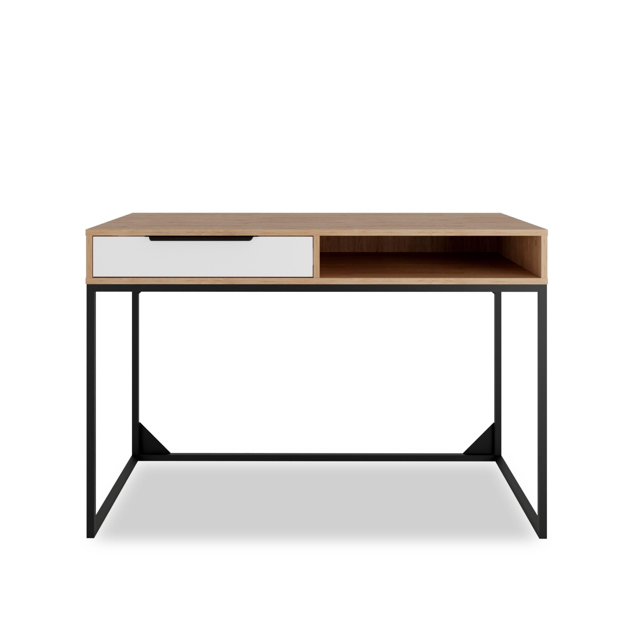 Furnix Schreibtisch LENDRI Arbeitsplatz PC-Tisch mit Metallgestell Schublade Hickory/Weiß, 120x80x60 cm, Metallrahmenhöhe 64 cm, Design & Funktion
