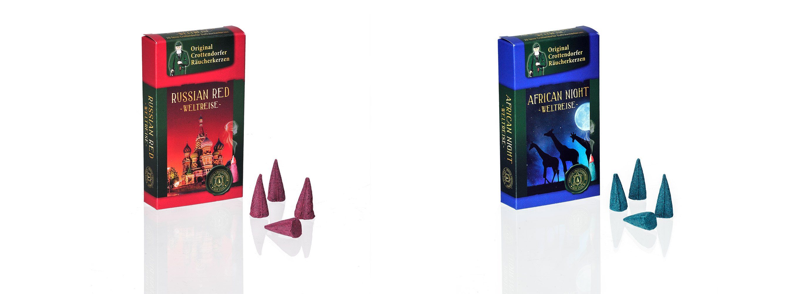 KNOX Duftkerze 2er Set: African Night / Russian Red, Räucherkerzen - Inhalt jeweils 24 Stück - Made in Germany