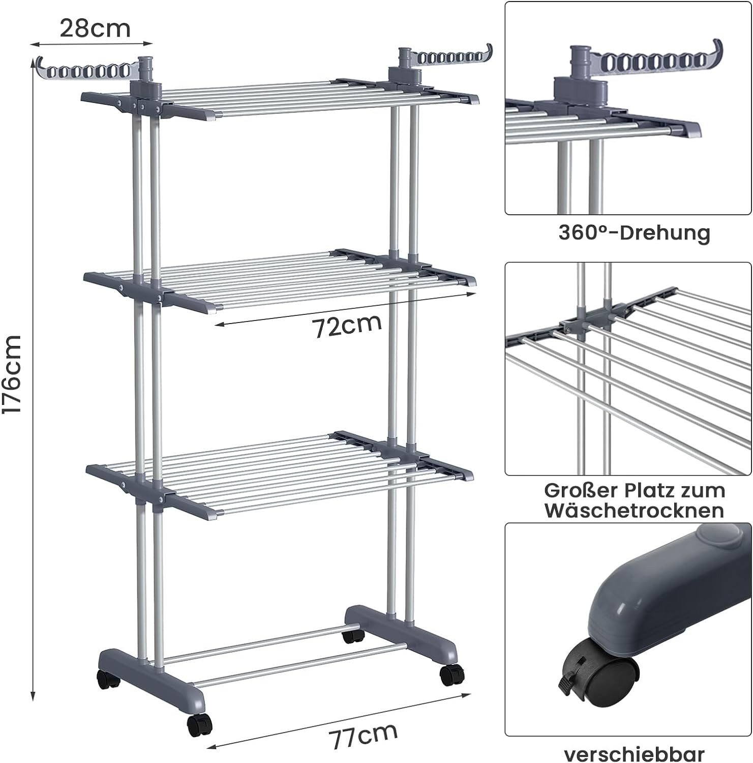 Youyijia Wäscheständer Wäscheständer mit 6 Klappbare Flügel und 2 Drehbar Seitenflügel