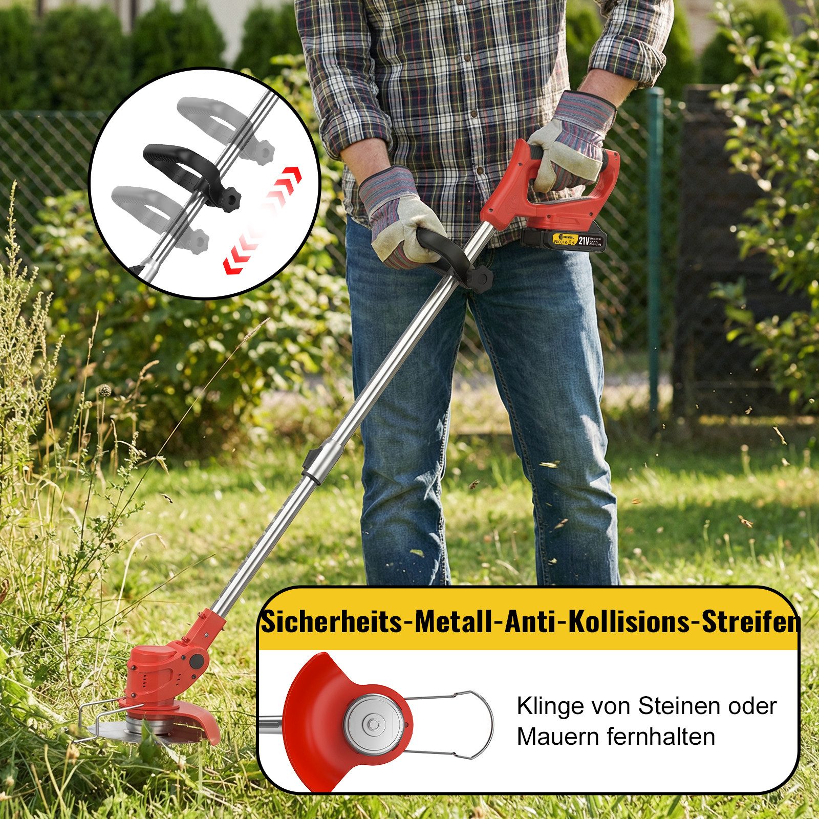 CONENTOOL Akku-Rasentrimmer 2x 2000mAh Akkus 21V, Rädern, 15 cm Arbeitsbreite Messer, (mit Akku und Ladegeät), 4 Arten Klingen, Teleskop-Stiel
