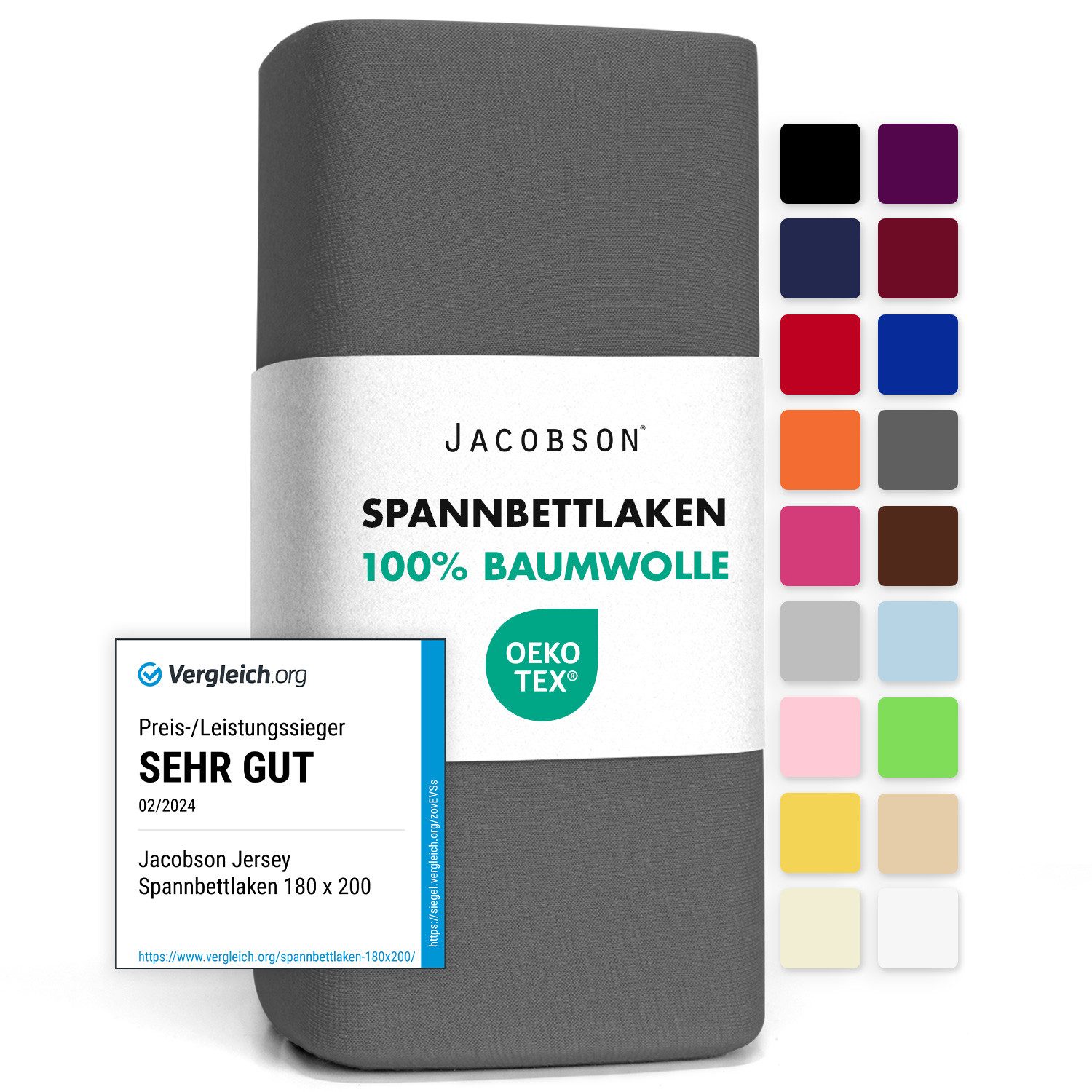 Jacobson Spannbettlaken aus 100% Baumwolle, Jersey Bettlaken 160 g/m², Spannbetttuch mit Gummizug, OEKO-TEX®, pflegeleicht, viele Farben
