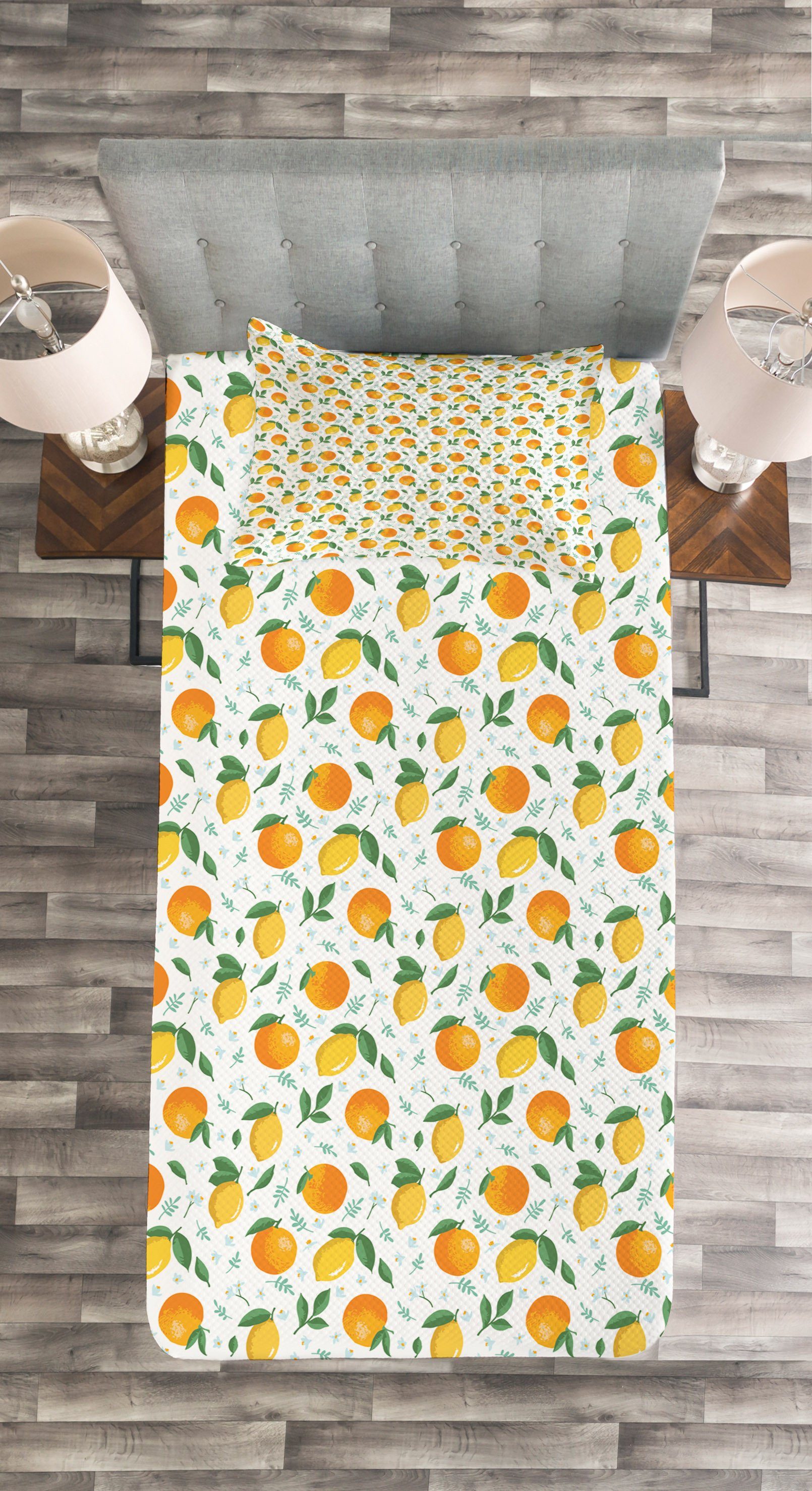 Orangen Kissenbezügen mit Waschbar, Abakuhaus, und Set Blumen Tagesdecke Zitronen Zitrusgewächs
