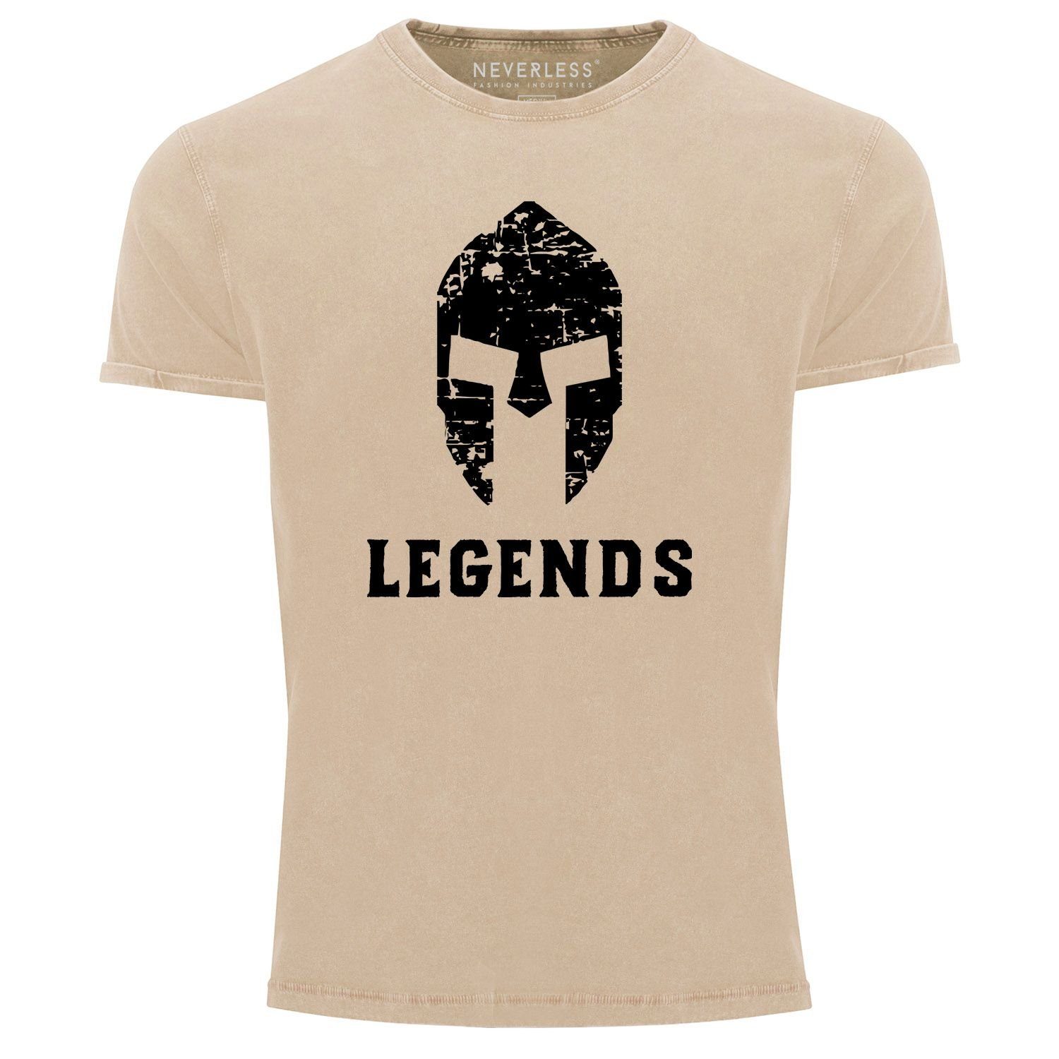 Used Herren mit Angesagtes Neverless® natur Slim Neverless Look Sparta Legends Cooles Print Fit Print-Shirt T-Shirt