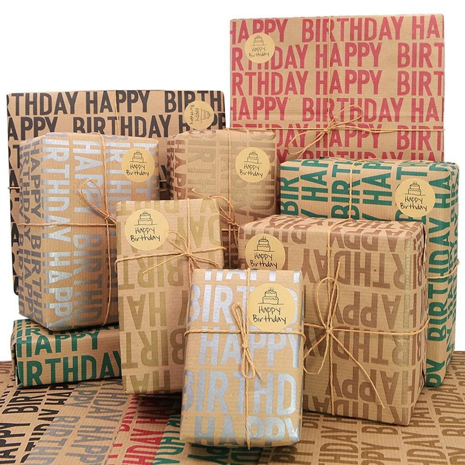 LuxusKollektion Geschenkpapier Geschenkpapier Geburtstag Kraft Braun 12 Blatt + Zubehör, (1St)