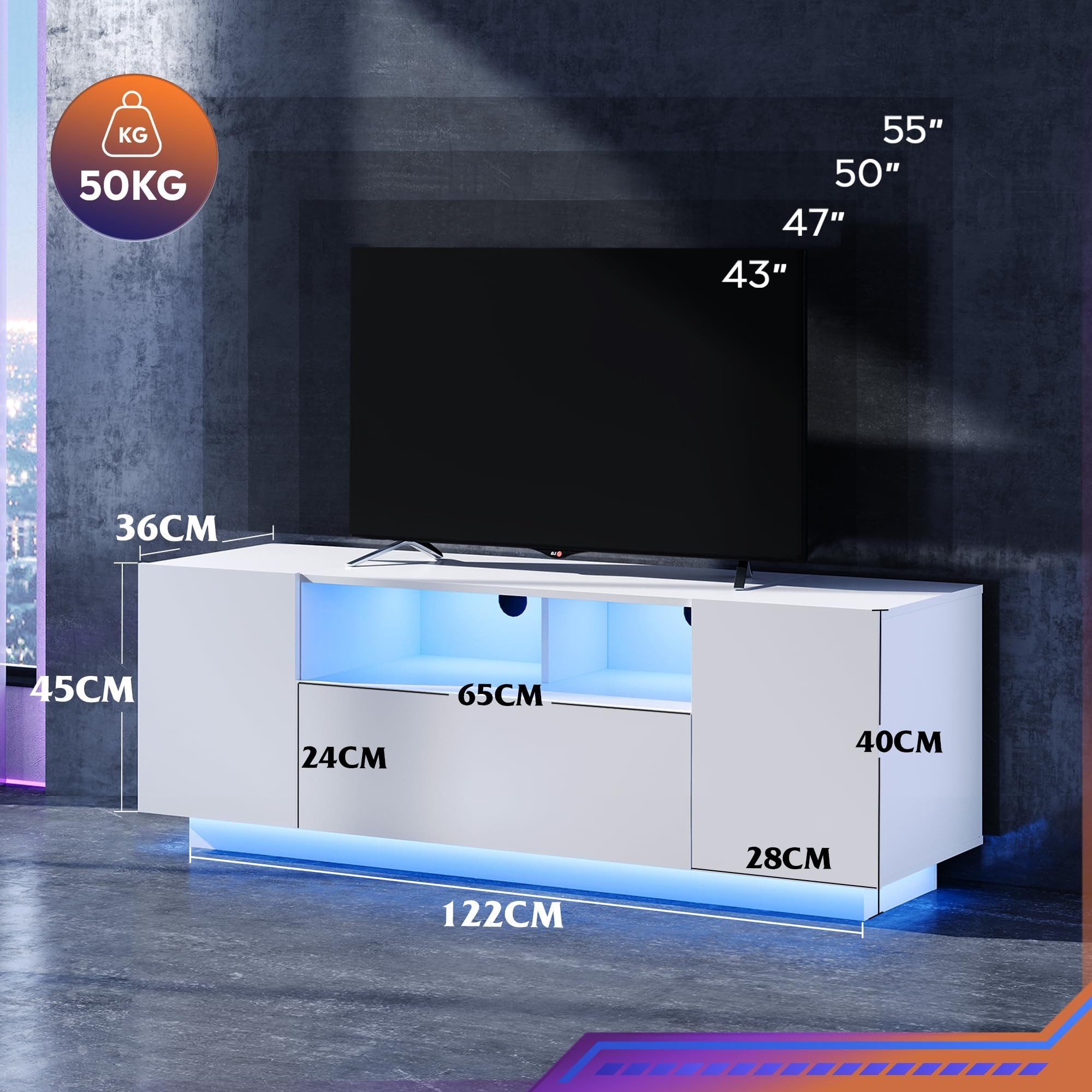 WLIVE TV-Schrank TV-Lowboard mit RGB-LED-Beleuchtung & Soft-Close, 122/170 × 36 × 45 cm (TV Board mit Schränken und 2 Freiflächen, großer Stauraum) Fernsehschrank mit Klapptür, Weiß