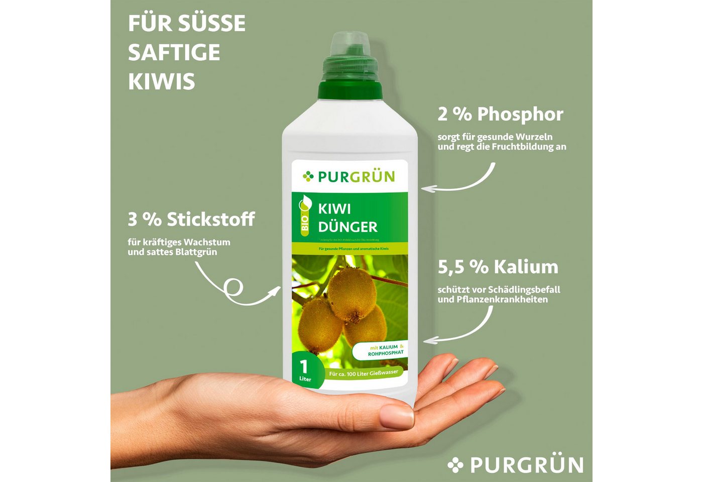 Thumbnail - Purgrün Obstdünger Purgrün Bio Kiwi Dünger, NPK 4+1+7, Algenextrakt, 1 Liter, Flüssigdünger, extra Phosphor für saftige,...