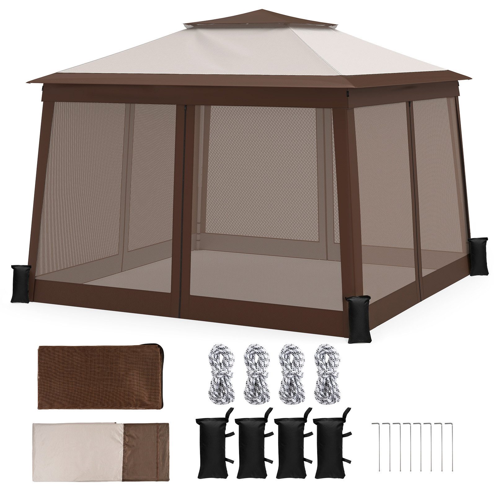KOMFOTTEU Pavillon, 3x3m Gartenpavillon, höhenverstellbar, 4 Seitenwände aus Netzgewebe