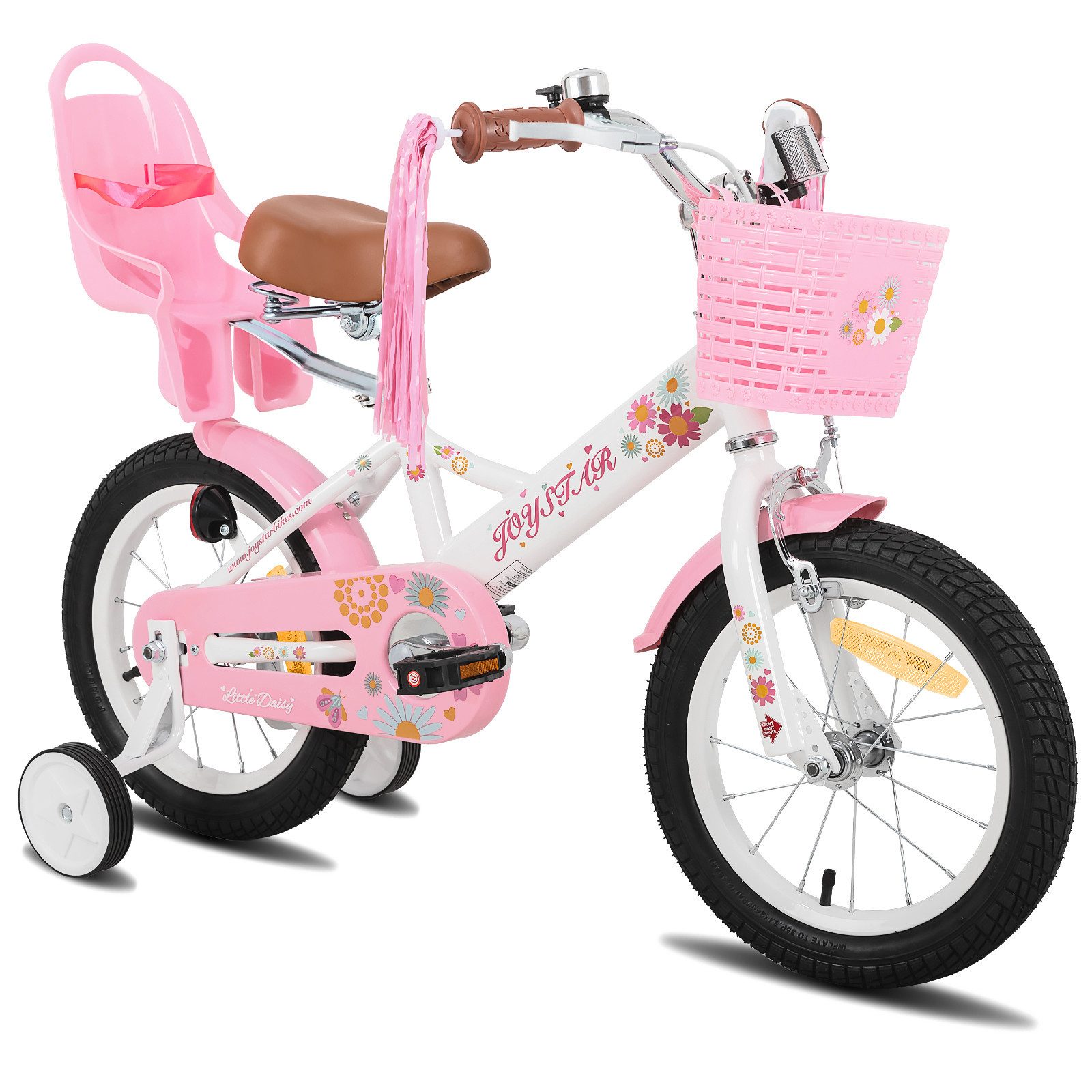 JOYSTAR Kinderfahrrad 12, 14, 16 Zoll Mädchenfahrrad, 3 - 8 Jahre,Geschenk für Prinzessin, 1 Gang, Mit Hilfsrädern, farbigen Bändern, Korb, Reflektor, Kettenabdeckung