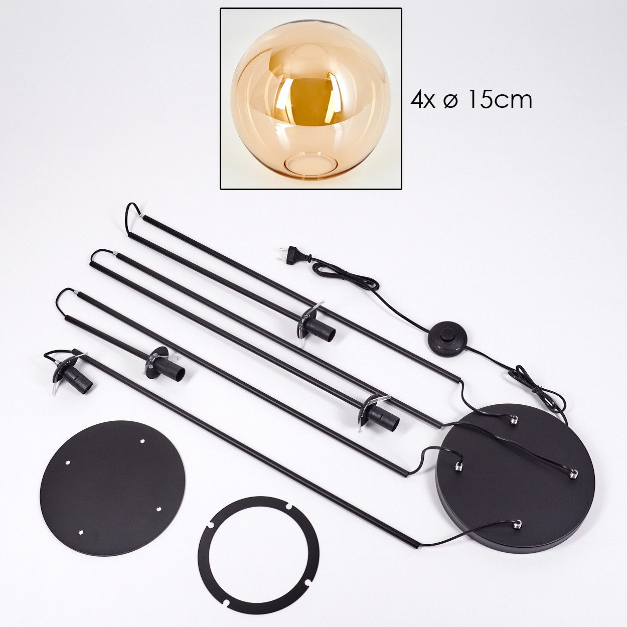 hofstein Stehlampe Stehlampe aus Metall/Glas in Schwarz/Bernsteinfarben mit Fußschalter, ohne Leuchtmittel, Stehleuchte im Retro/Vintage-Design mit Glasschirmen (15 cm), E14