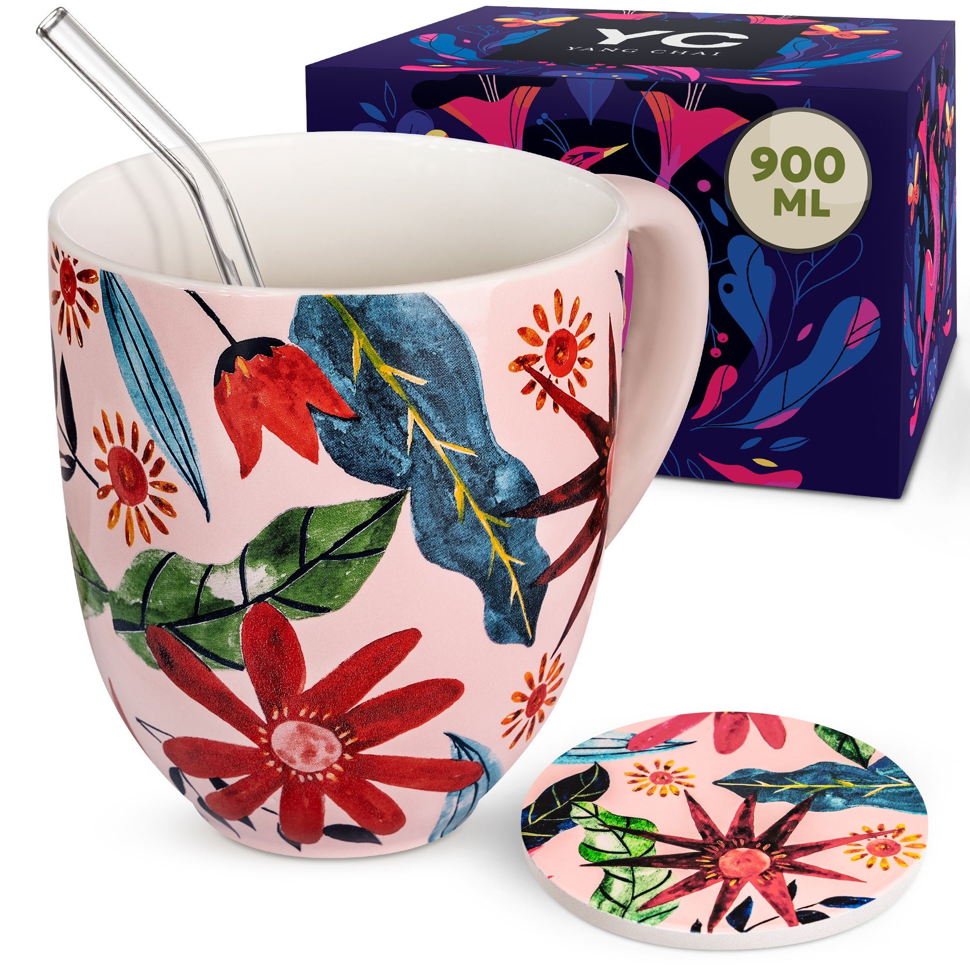 Teeset (Sunflower), mit Porzellan, Teetasse, Sonnenblumen Tasse Chai 900ml Große hochwertiges Motiv mit Yang 4-teiliges Jumbotasse XXL Fassungsvermögen