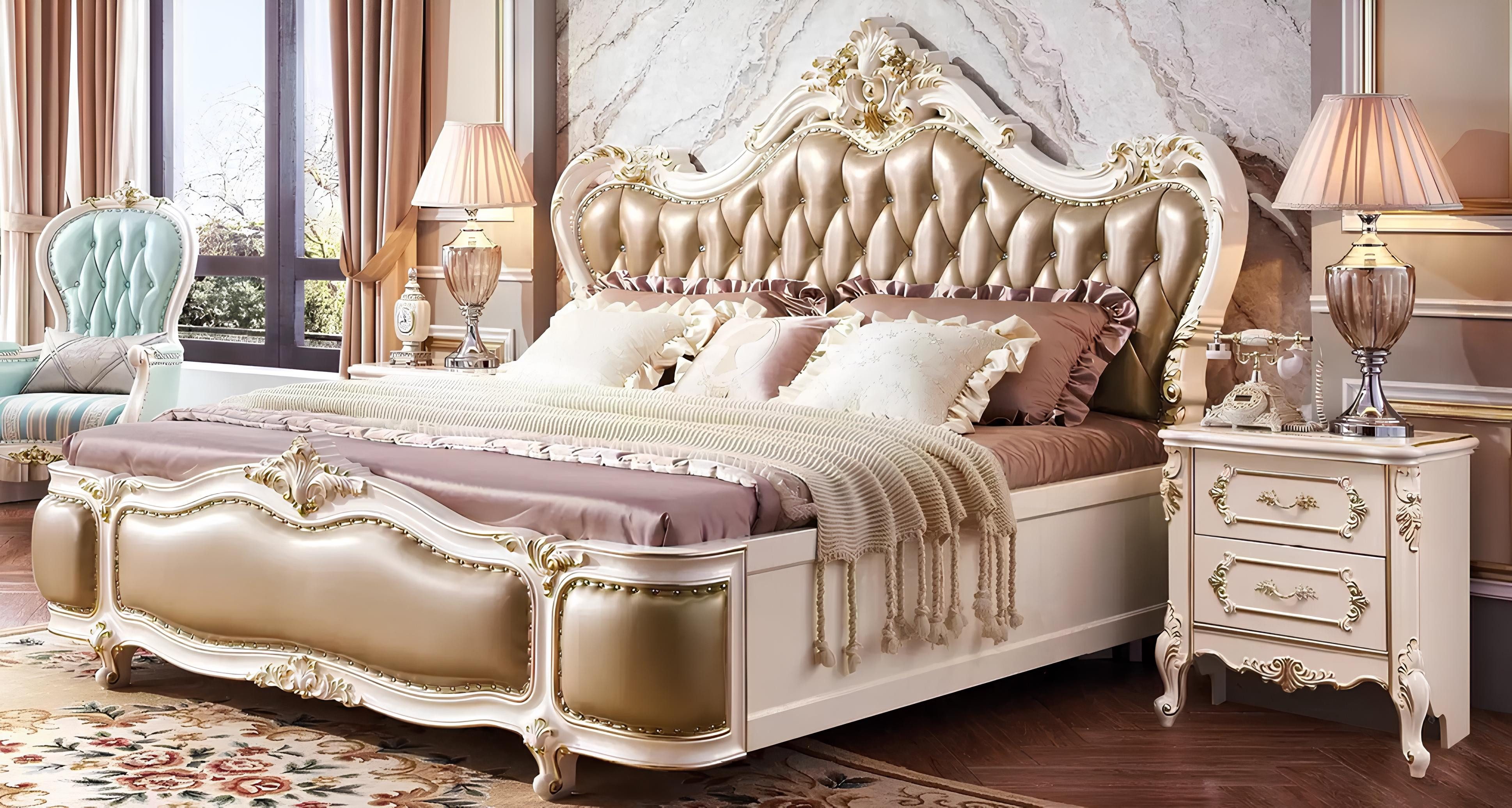 JVmoebel Bettgestell Elegantes Schlafzimmer Set aus Massivholz und Kunstleder in Weiß (1-tlg., 1x Bett + 2х Nachttische), Made in Europa