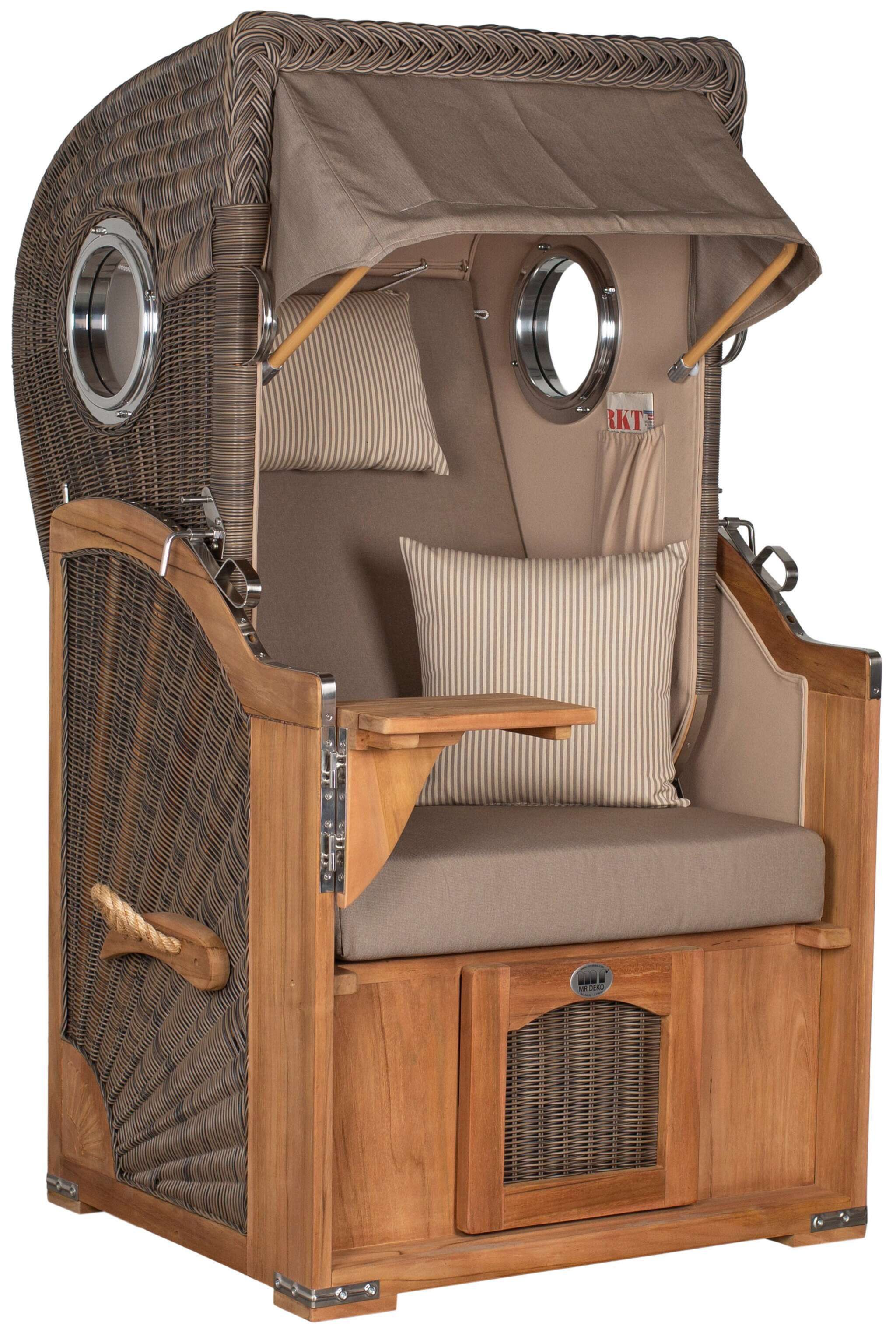 MR.DEKO Strandkorb Düne Single 1-Sitzer Bullauge Teak PE-Geflecht Grey 96x165x80, BxTxH: 96x80x165 cm, Vollieger, Düne Single, (Fertig montierter Strandkorb für Garten, Terrasse & Balkon, 1-tlg), Wetterfester Volllieger mit Edelstahlbeschlägen & waschbaren Polstern